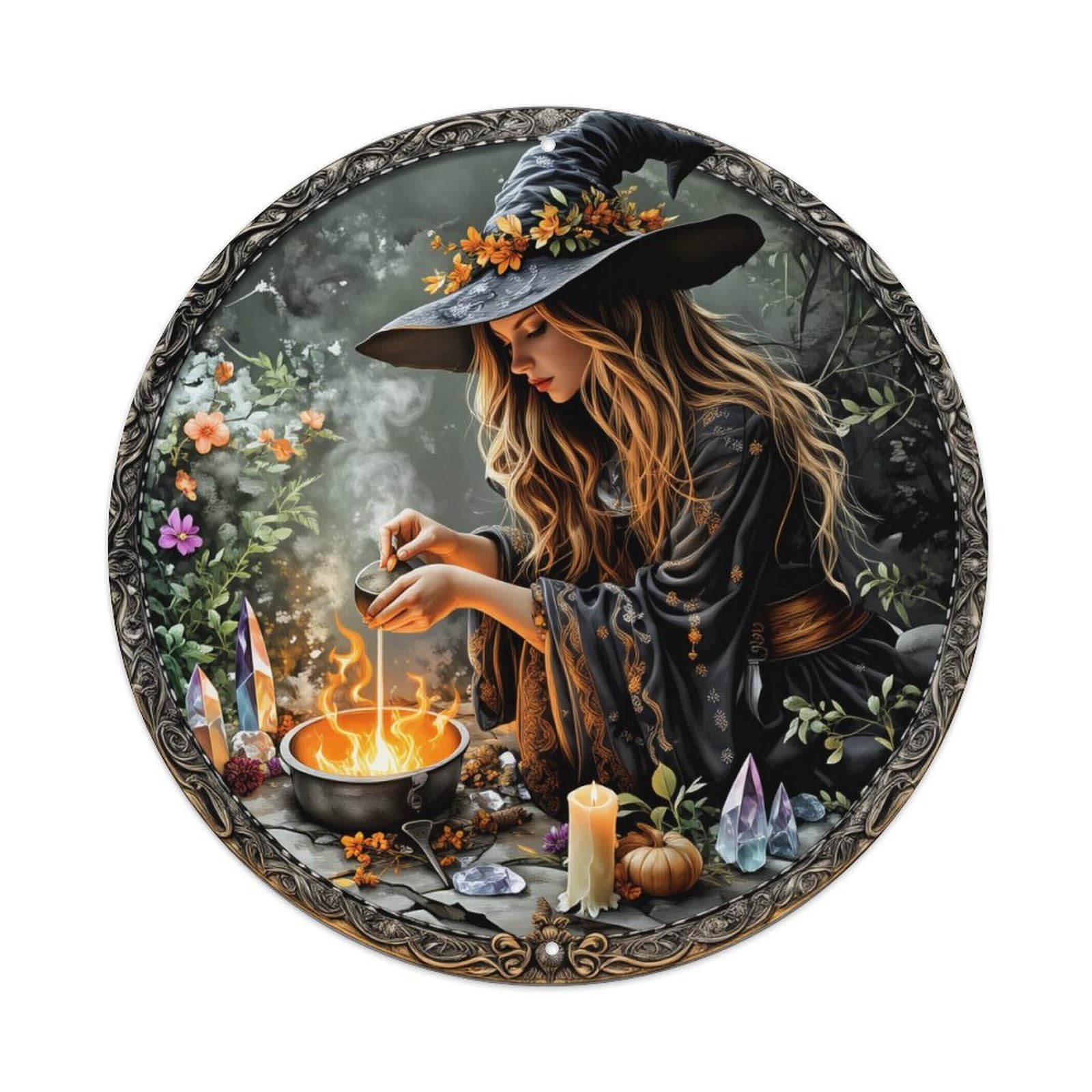 Witch Brewing Potion In Forest Round Tin Sign Retro Metal Sign for Cafe Bar Pub Home Game Room Gym Club Wall Decoration Vintage Metal Poster 8x8 Inch