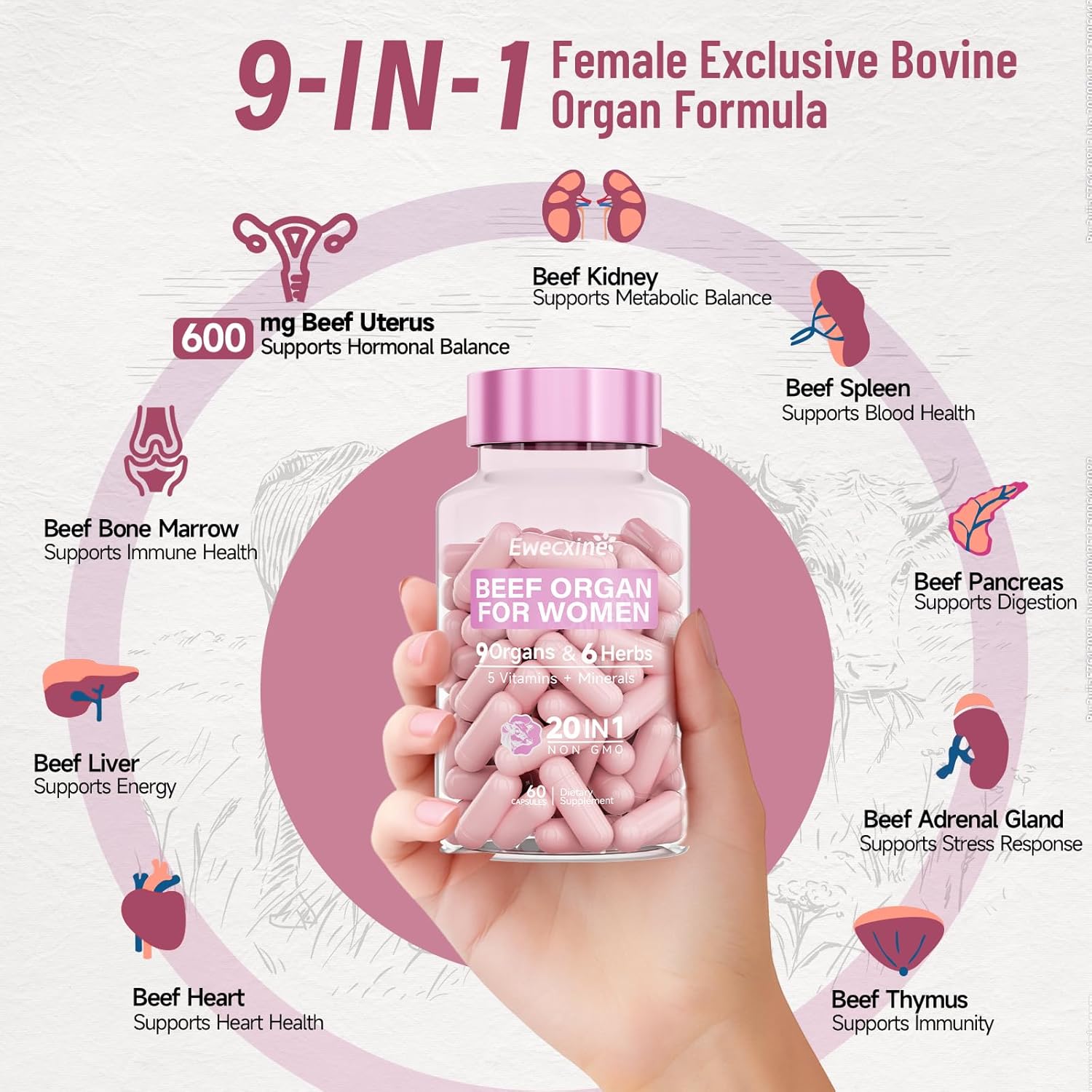 Beef Organs Supplement for Women: 600mg Beef Uterus, Liver, Kidney, Heart for Primal Energy & Hormone Support – Complex with Herbs, Multivitamin & Minerals – 60 Capsules Supplement - Image 2
