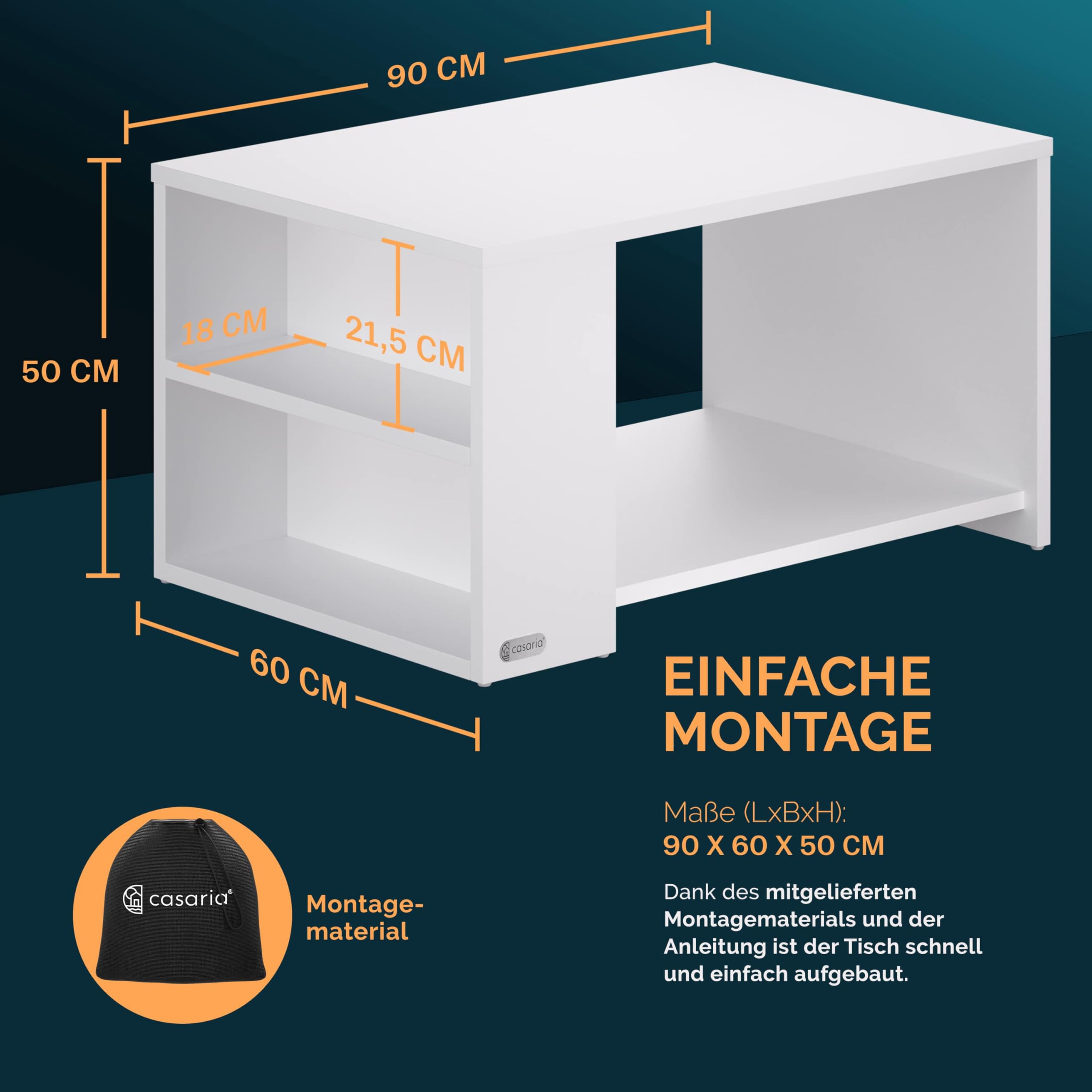 Casaria® Couchtisch Weiß Holz mit Stauraum Regal 2 Ablagen 90 x 60 x 50 cm Wohnzimmertisch Kratzfest 50 kg Belastbar Eckig Beistelltisch Sofa Couch