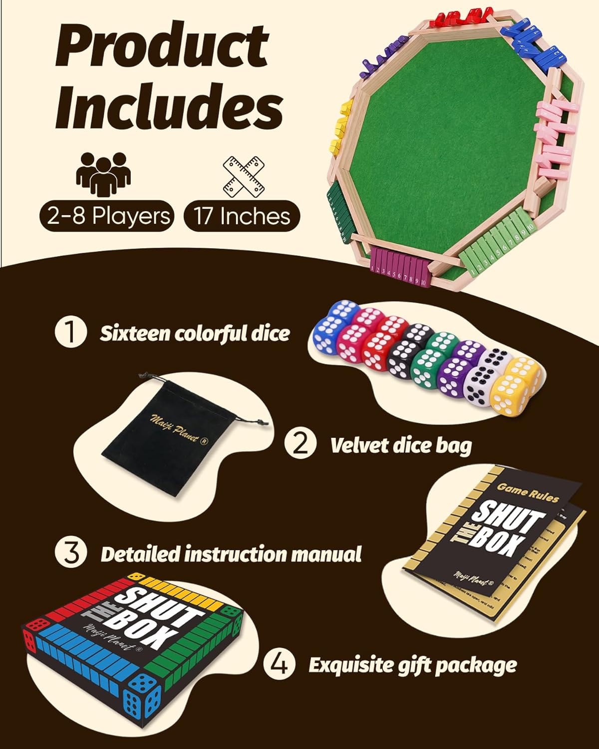 Deluxe 2-8 Player Original Shut The Box Game, Math Dice Board Game for Family Night Classroom Travel, Wooden Classic Table for Group Kid Adult Senior Travel Party Bar Easy Quick and Fun
