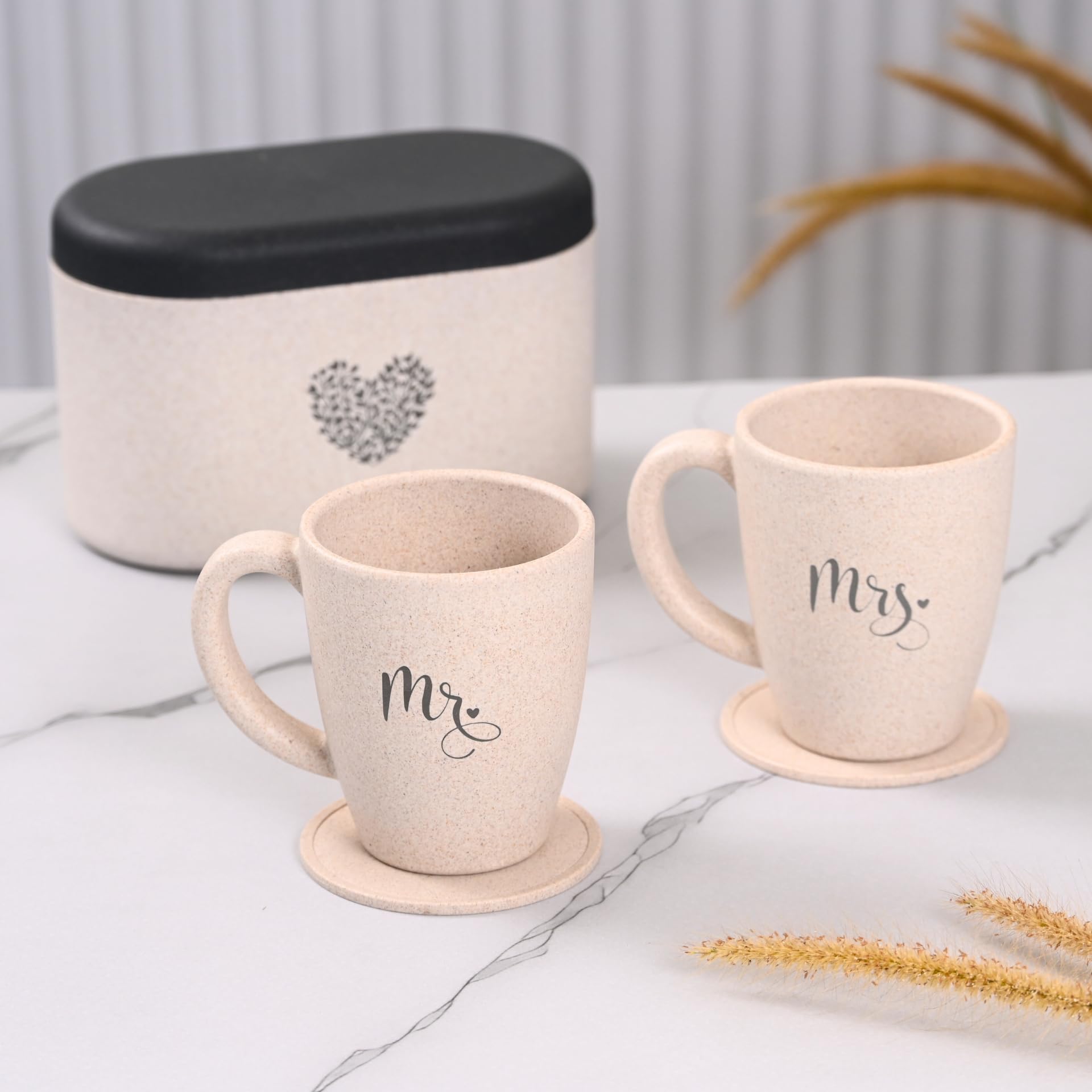 Eha Earth-Friendly Mr & Mrs Coffee Mugs for Couple | Wedding Gift for Couples | Made with Rice Husk | Two Mugs, Coasters Set of 2, Keychain & One Loopac Box | 300 ml | Sand Castle-image-38