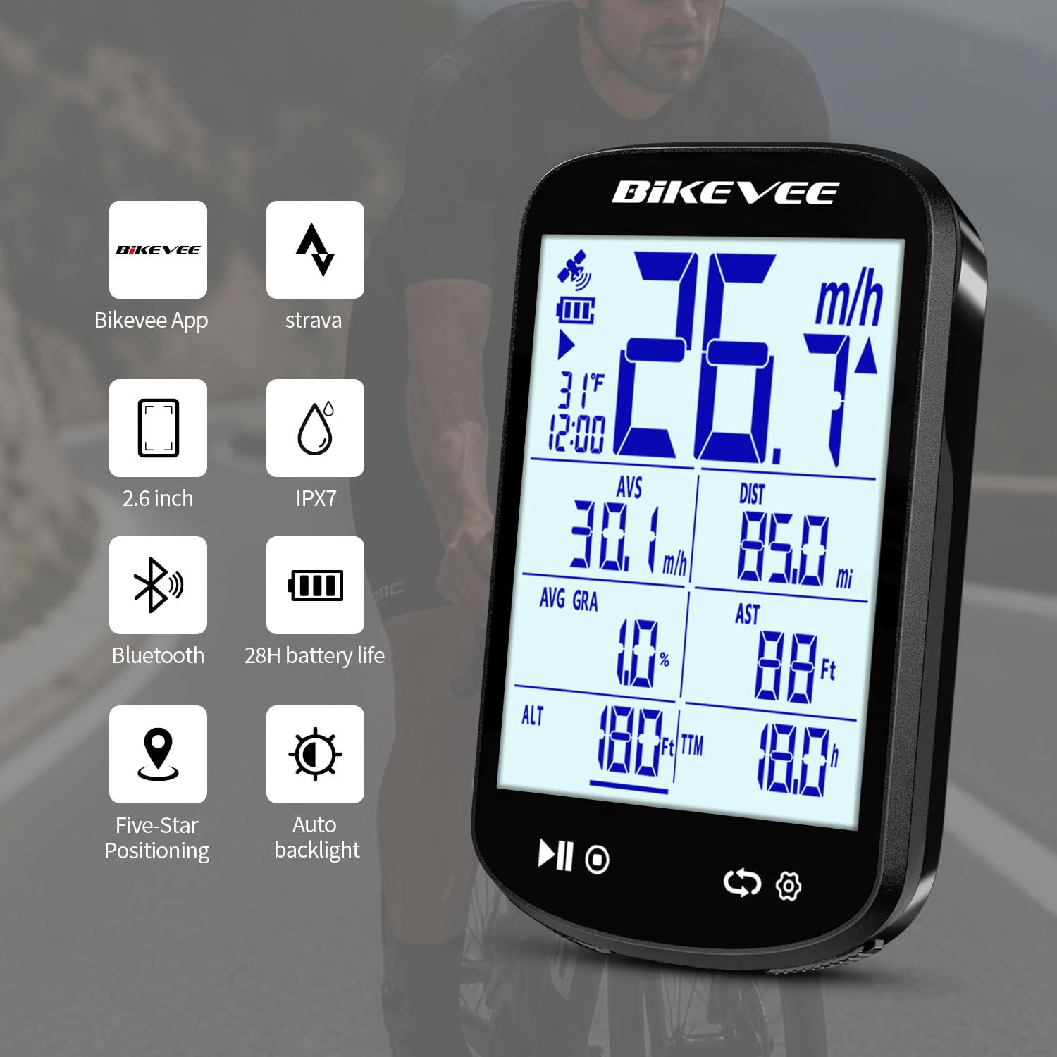 Bezprzewodowy komputer rowerowy GPS, licznik rowerowy z dużym wyświetlaczem i aplikacją Bluetooth, wodoszczelność IPX7, automatyczne podświetlenie, wyświetlacz FSTN 2,6 cala