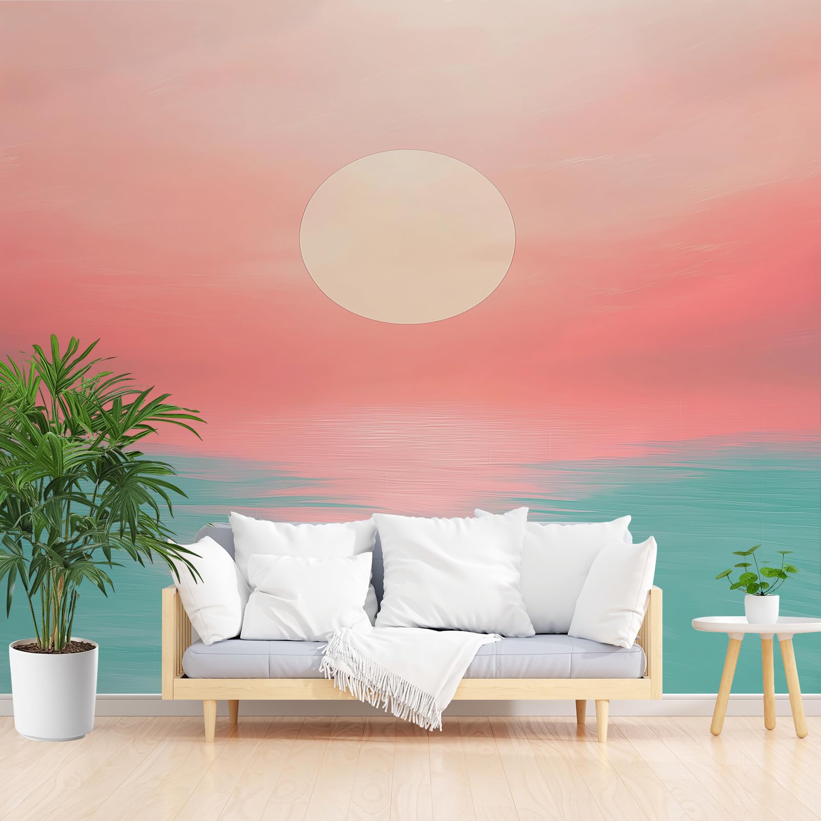 Décoration murale salon avec papier peint panoramique vagues et coucher de soleil