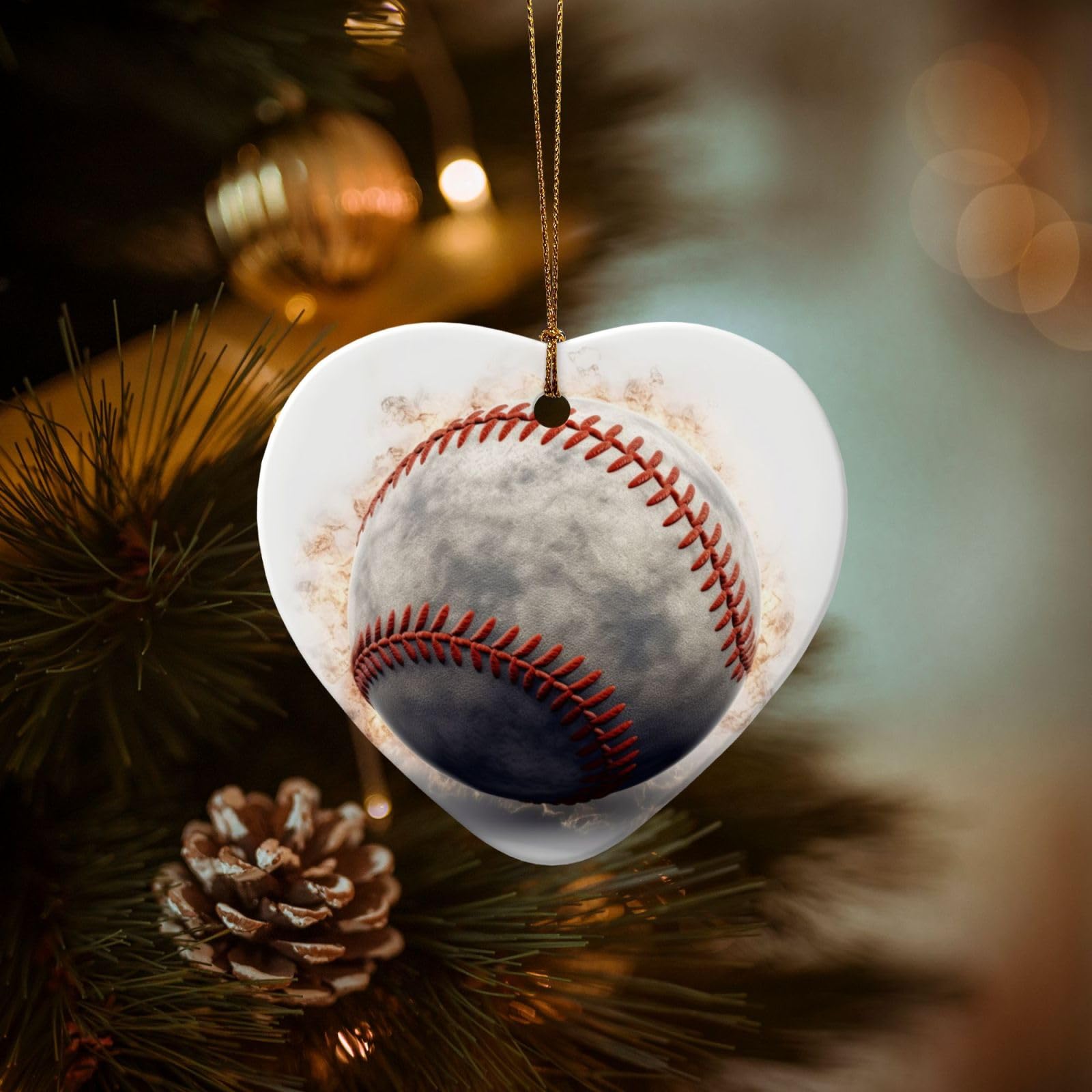 Christmas Ornaments for Christmas Tree Decoration Hanging Baseball Ornament with Gold Ribbon Crafts Heart Shape Ceramic Pendant for Keepsake Gifts Xmas Decor Party Supplies