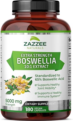 Zazzee Extracto de Boswellia Serrata 10:1 extra fuerte, 5000 mg de fuerza, 65% ácido boswélico, 180 cápsulas veganas, suministro de 6 meses,