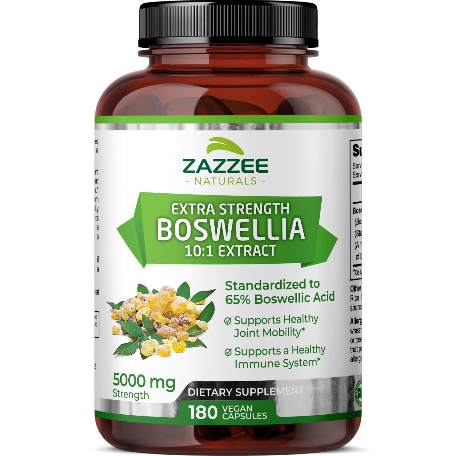 Zazzee Boswellia 10:1 Extract 5000 mg Strength, 65% Boswellic Acid, 180 Vegan Capsules, Potent 10:1 Extract, 6 Month Supply, Non-GMO and All-Natural