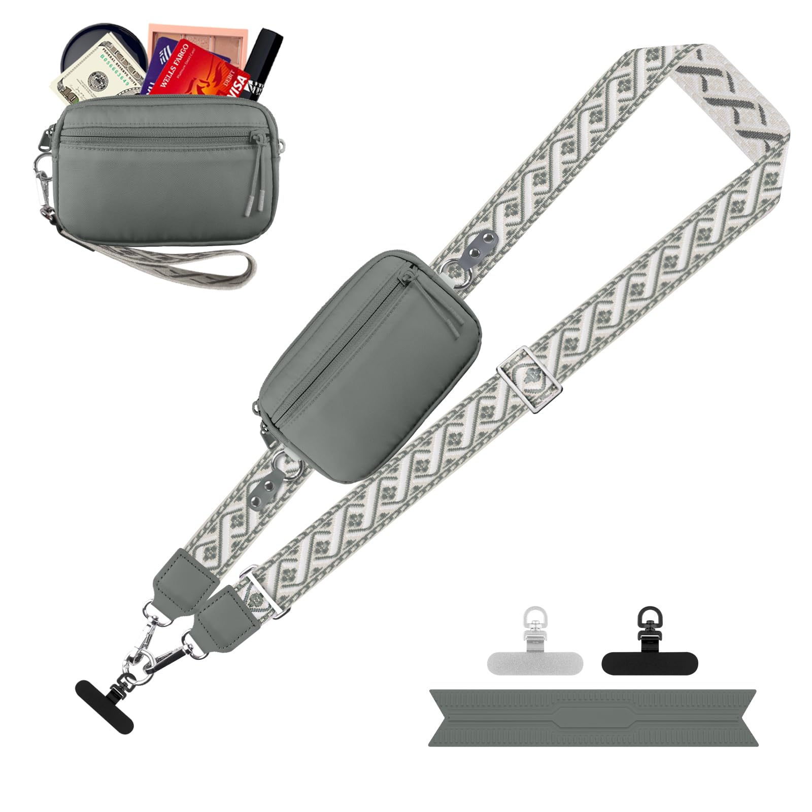 YFWE Clip and Go Strap for Phone with Wallet Crossbody, Adjustable Phone Lanyard with Detachable RFID Wristlet Wallet, Pattern Strap, Grey(M)
