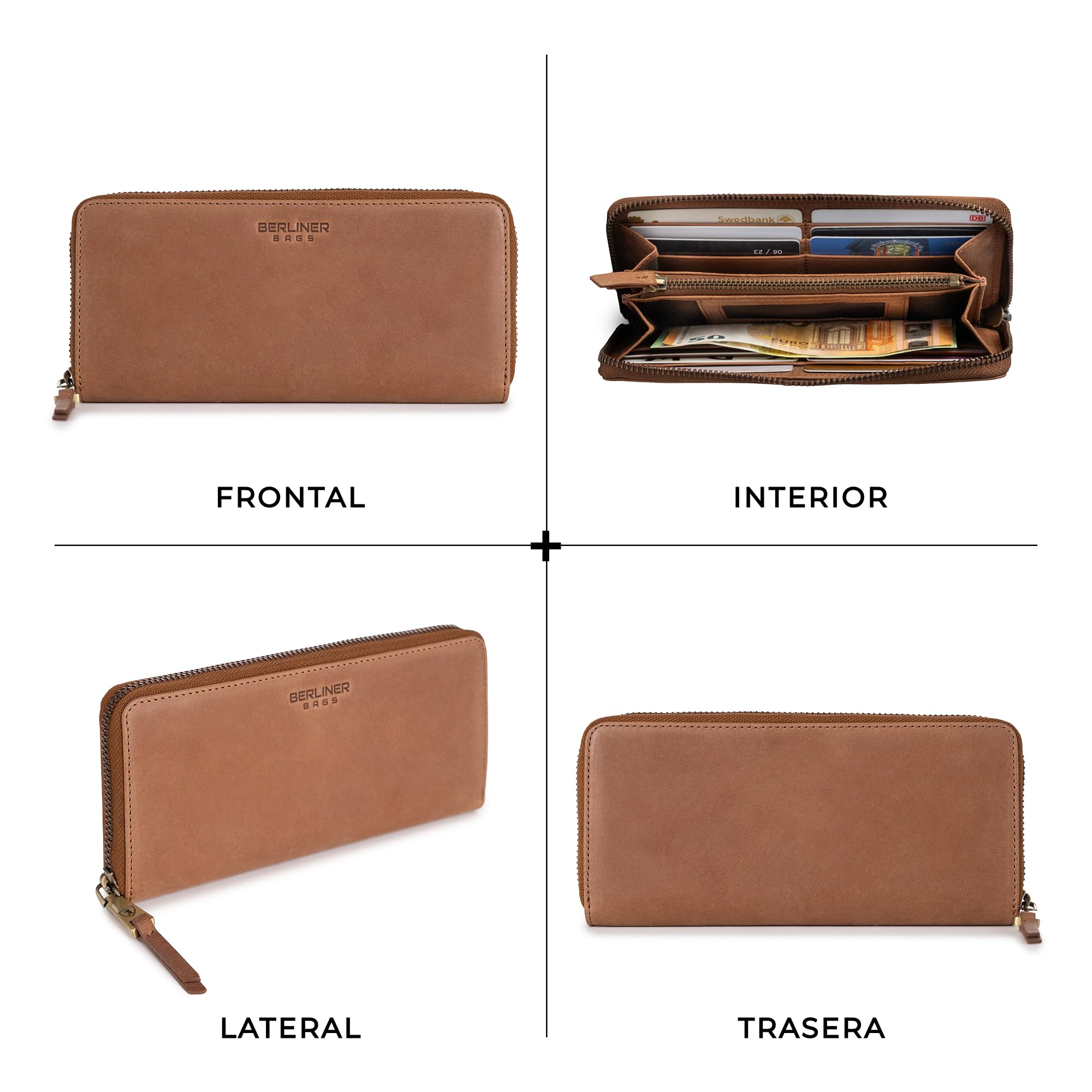 Berliner Bags Palma Vintage Cartera Grande Mujer Piel Auténtica Tarjetero
