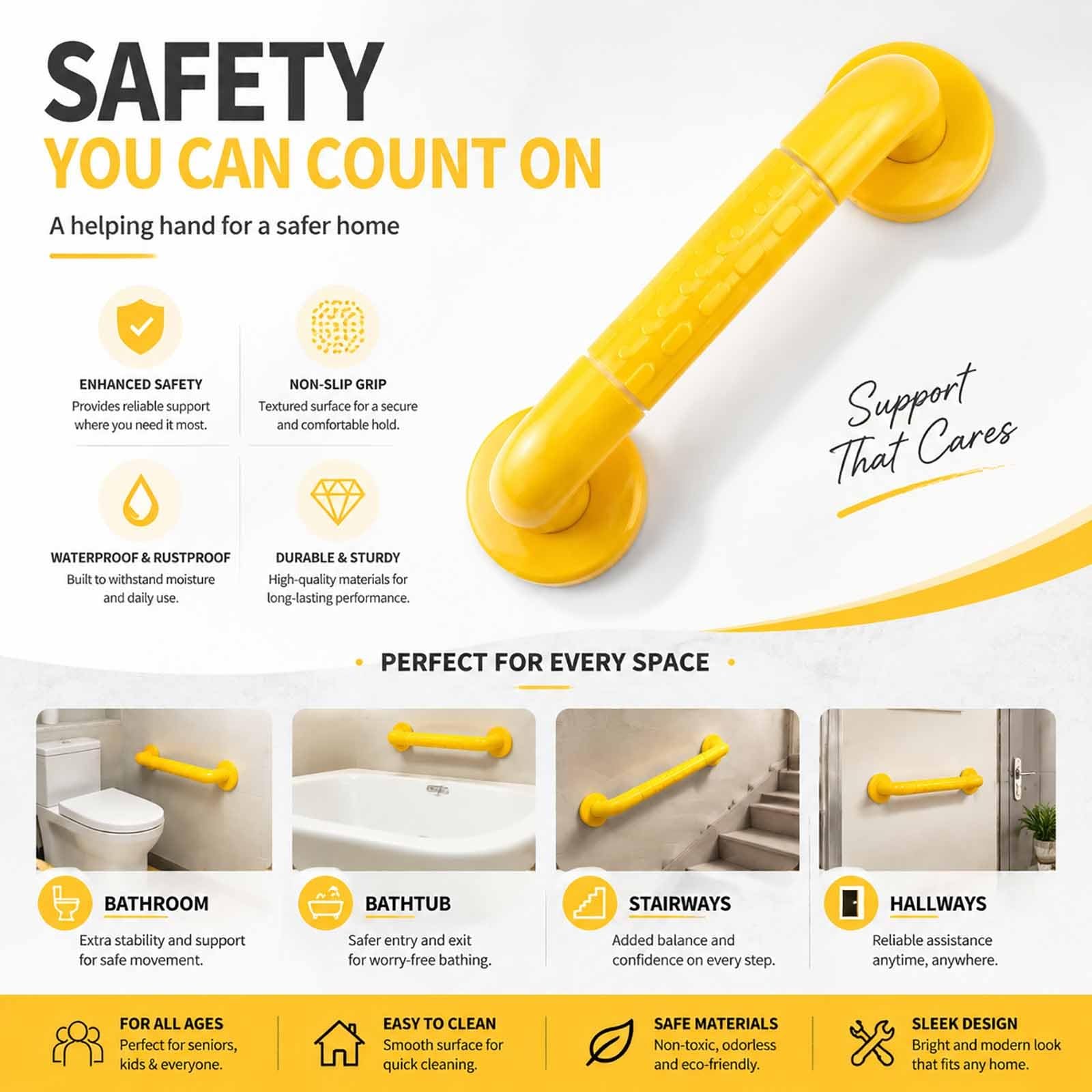 Barras De Apoyo para Bañera, con Agarre Antideslizante Texturizado Que Brilla En La Oscuridad, Barra Recta De Pared para Baño, Ducha Y Bañera.(Yellow,70cm)