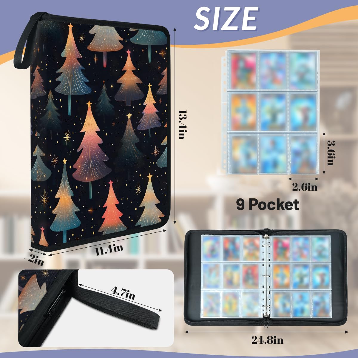 Classeur pour cartes à collectionner - 9 poches - Motif arbre de Noël magique - Classeur de cartes avec pochettes amovibles - Étanche - Avec fermeture éclair - Capacité de 50 pages - Capacité de 900