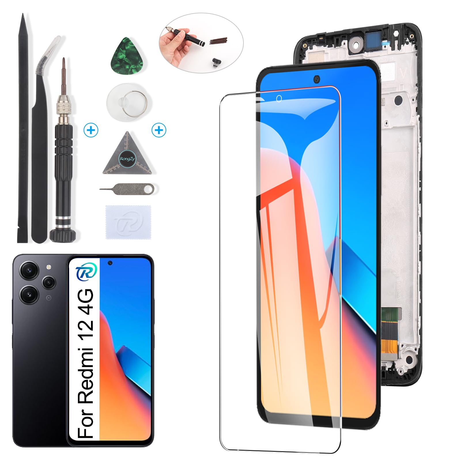 RongZy Pantalla para Xiaomi Redmi 12 4G 23053RN02A Táctil LCD de Repuesto Ensamblaje Digitalizador Reemplazo para Xiaomi Redmi 12 5G 23076RN8DY con Herramientas de Reparación(Negro con Marco)