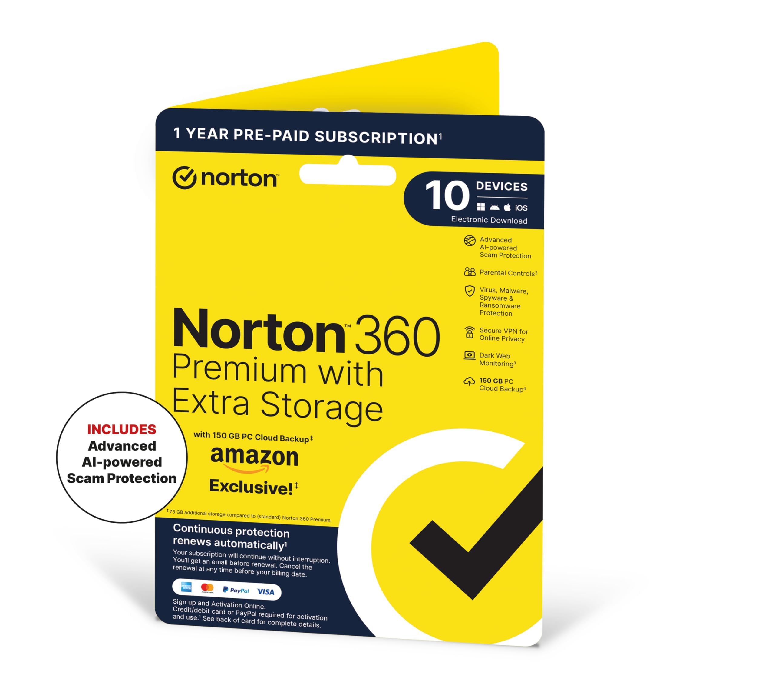 Norton 360 Premium with Extra Storage, 75 GB Extra Cloud Backup, Antivirus Software for 10 Devices and 1-year Subscription with Automatic Renewal