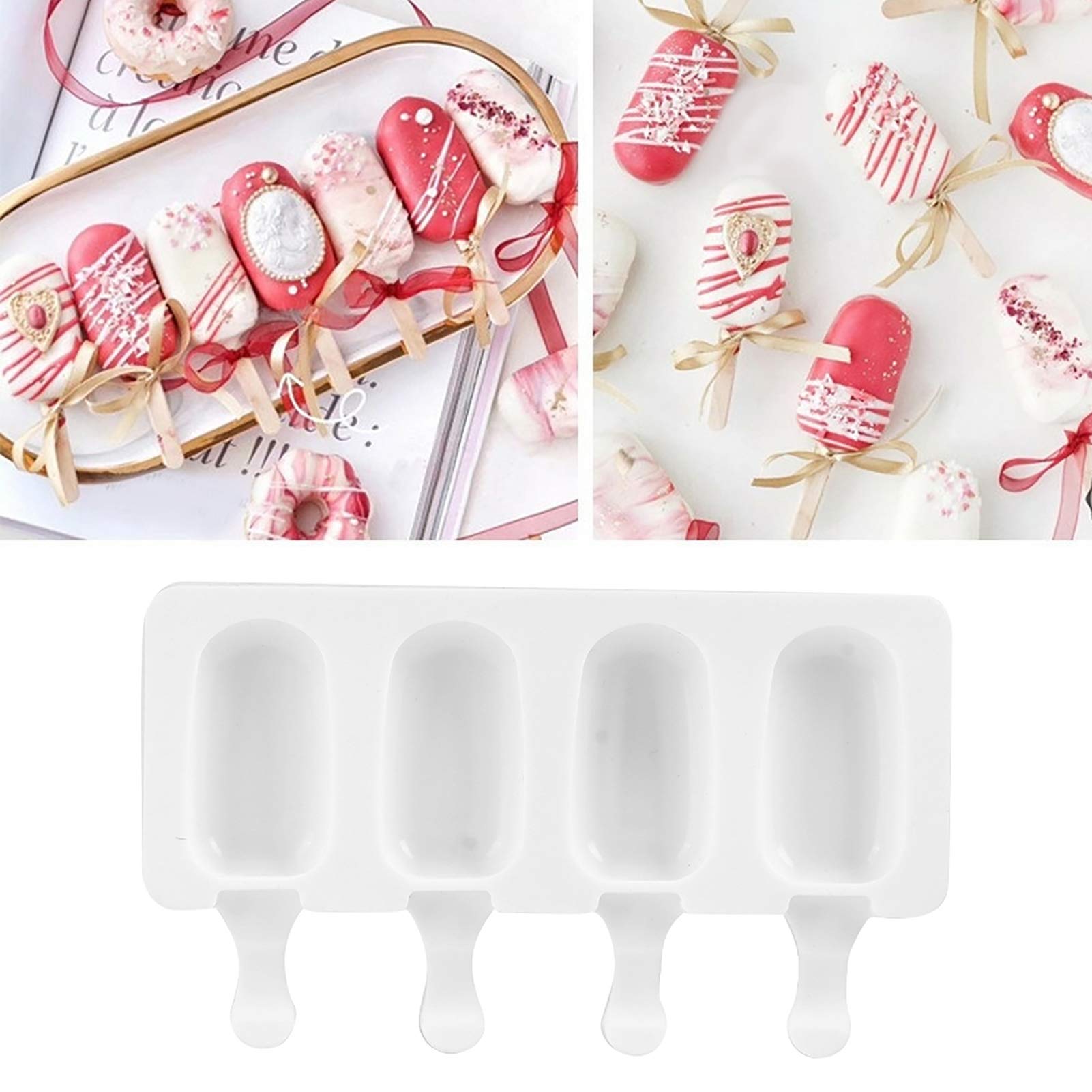 4-grid Popsicle Molds, 8.5in Silicone Ice Cream Mold Oval Ice Pop Molds with 50 Sticks for Diy Making Ice-lolly, Ice Cubes, Ice Cream