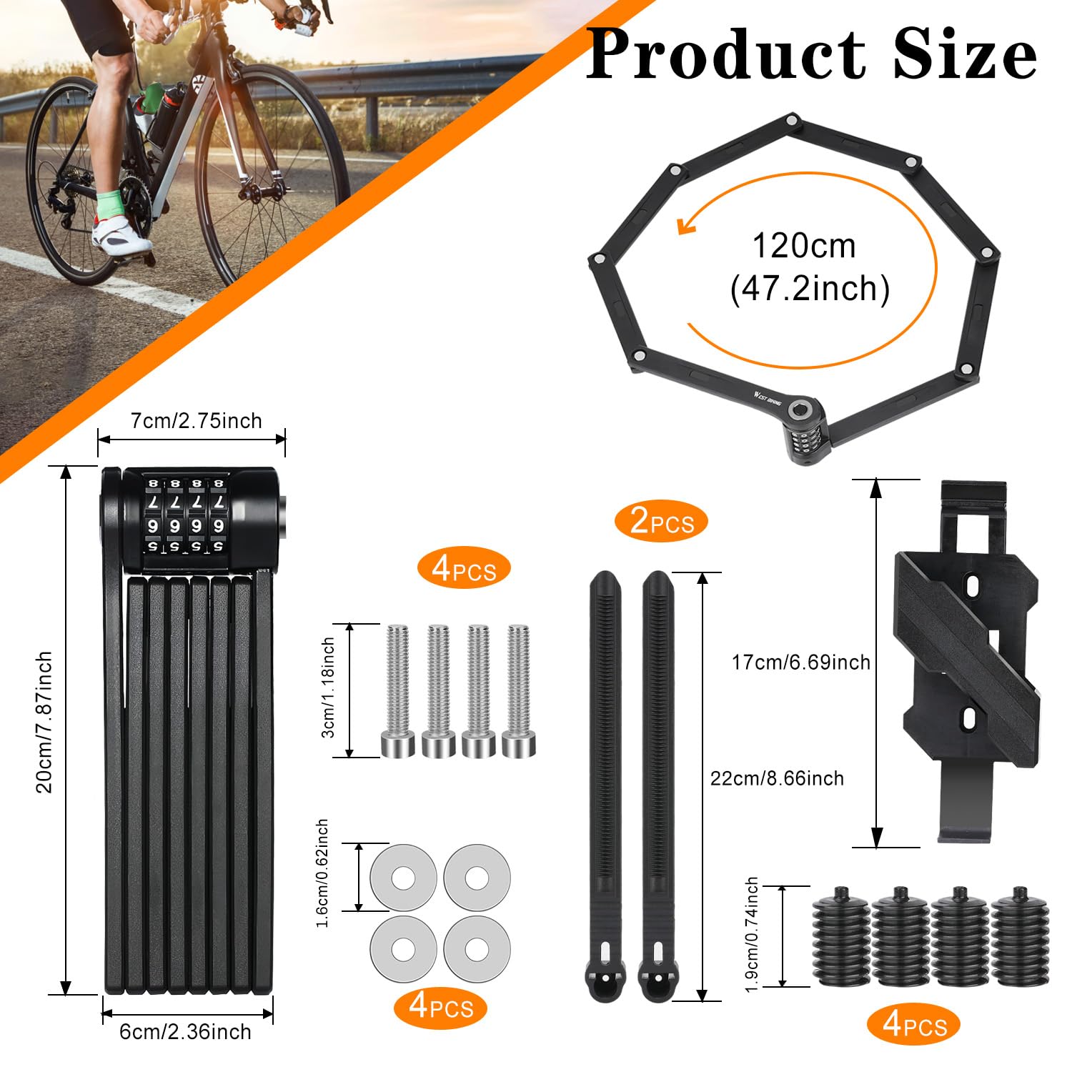 Antivol de vélo, antivol à combinaison, antivol pliable, niveau de sécurité 15, serrure à combinaison, 120 cm avec support