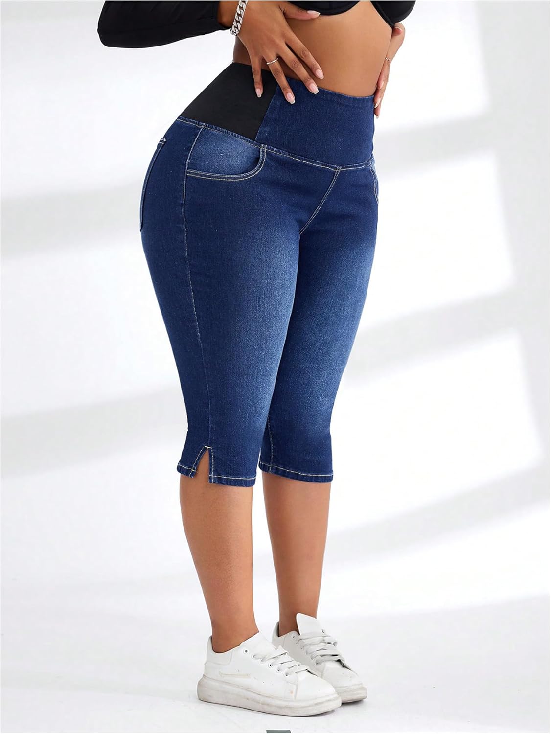 Verdusa Women's Plus Size Stretchy Jeans Split High Waisted Capri Pants with Pockets - Image 4