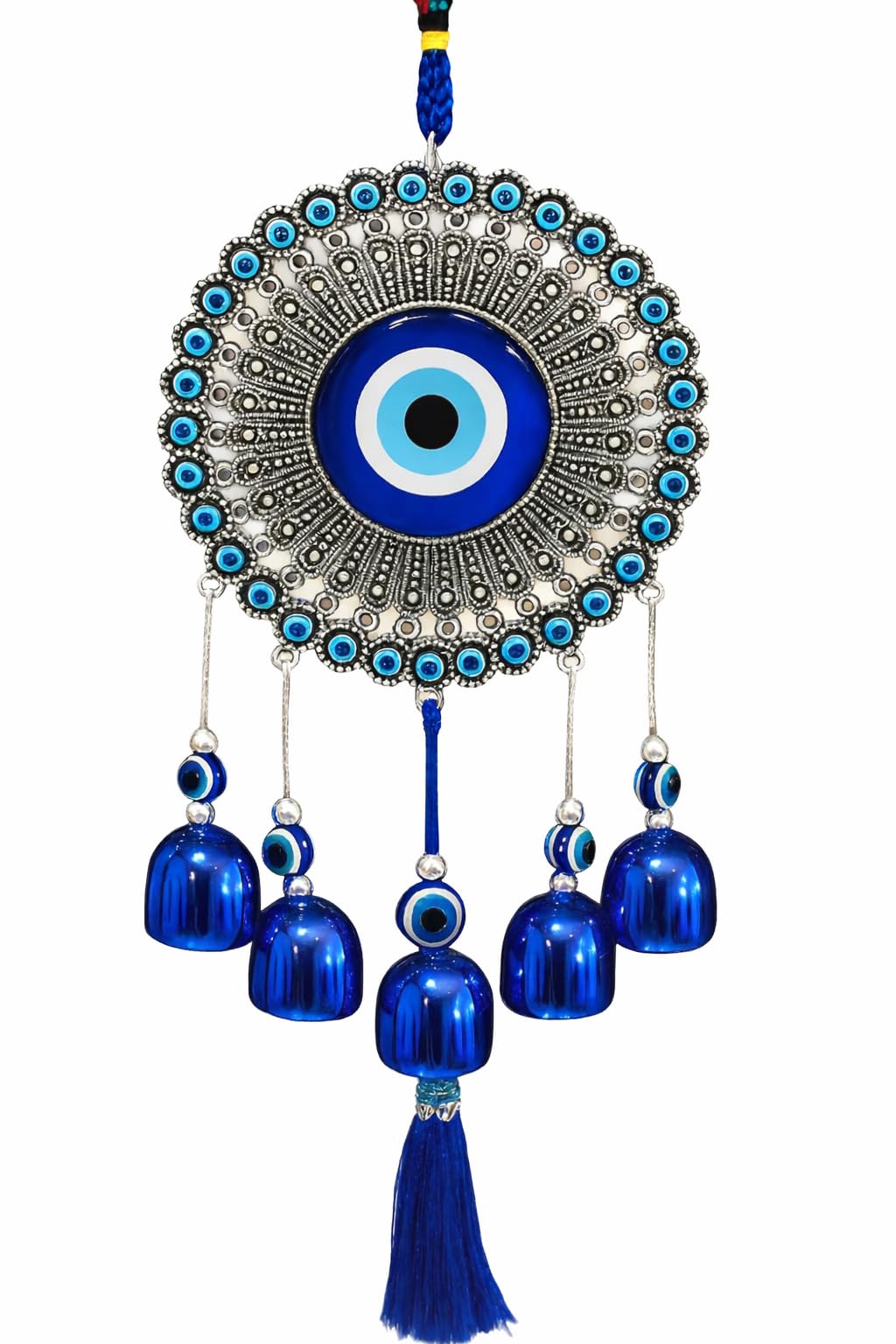 Premium Turkish Evil Eye Hanging Wall Decor with Blue Glass Bells Nazar Suraksha Talisman 5 Bell Evil Eye Wind Chimes for Home Decor Ornaments for Home Balcony and Positive Energy with Melody Sound-image-23