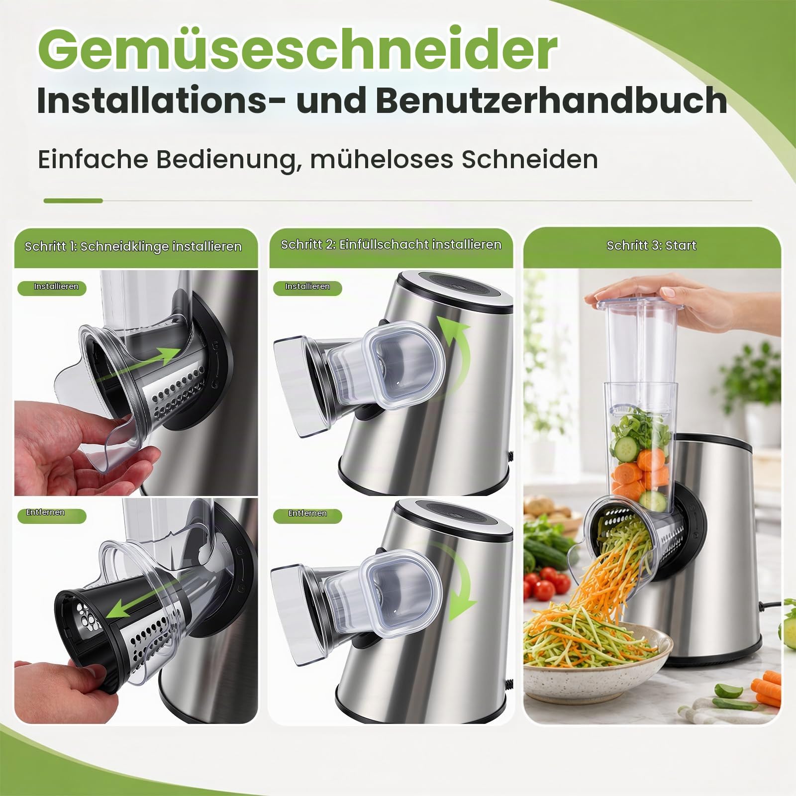 5-in-1 Gemüseschneider Elektrisch 800W, Gemüseschneider mit 5 Edelstahl-Trommeln, 304 Schnitzelwerk Küchenreibe, Profi Elektrischer Gemüsehobel, Spülmaschinenfest, für Käse, Kartoffeln, Silbergrau