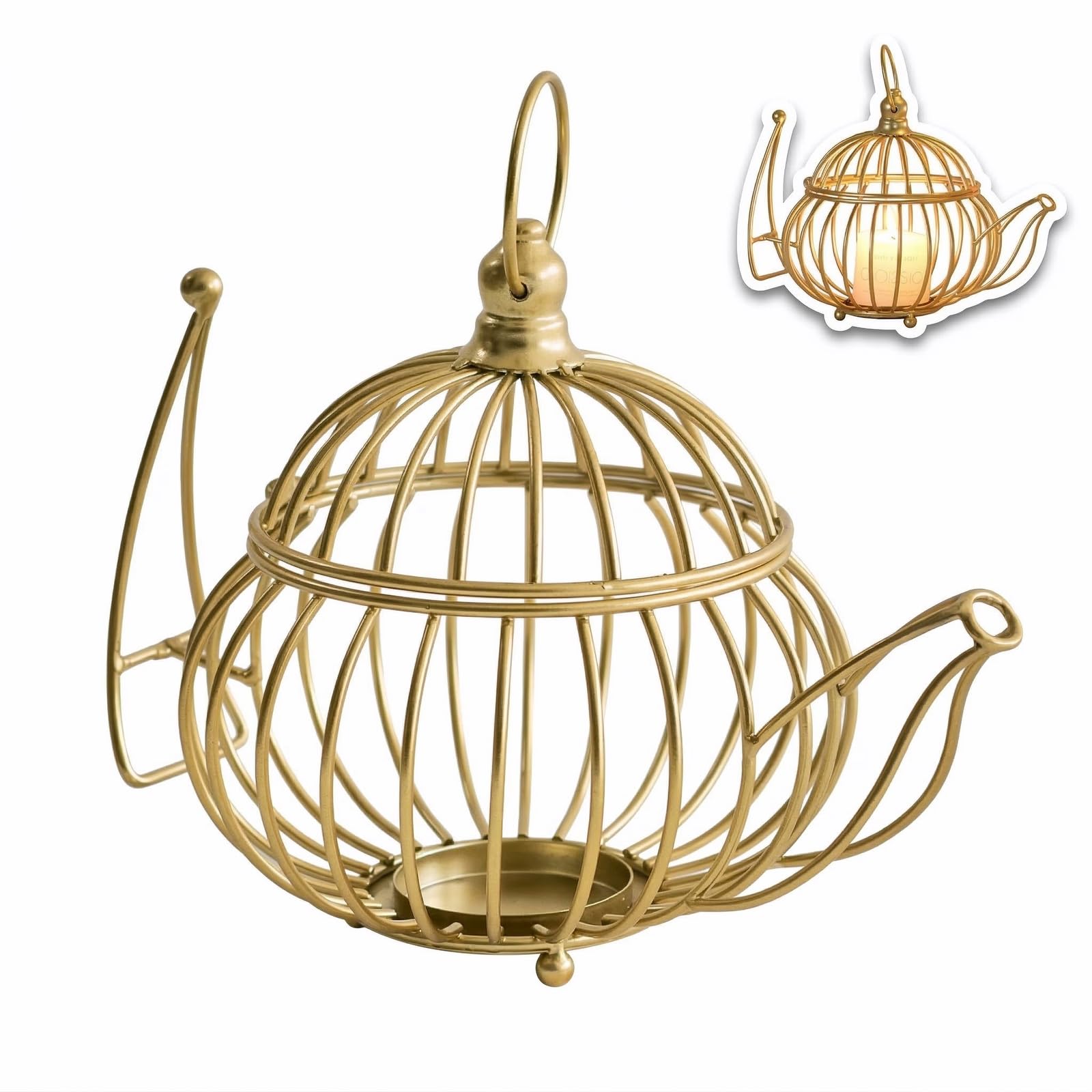 8.3 Inch Teapot Candle Holder - Gold Metal Wire Decorative Tealight Lantern, Spring Decorations for Home, Vintage Centerpiece for Coffee Table, Iron Votive Stand for Office Decor