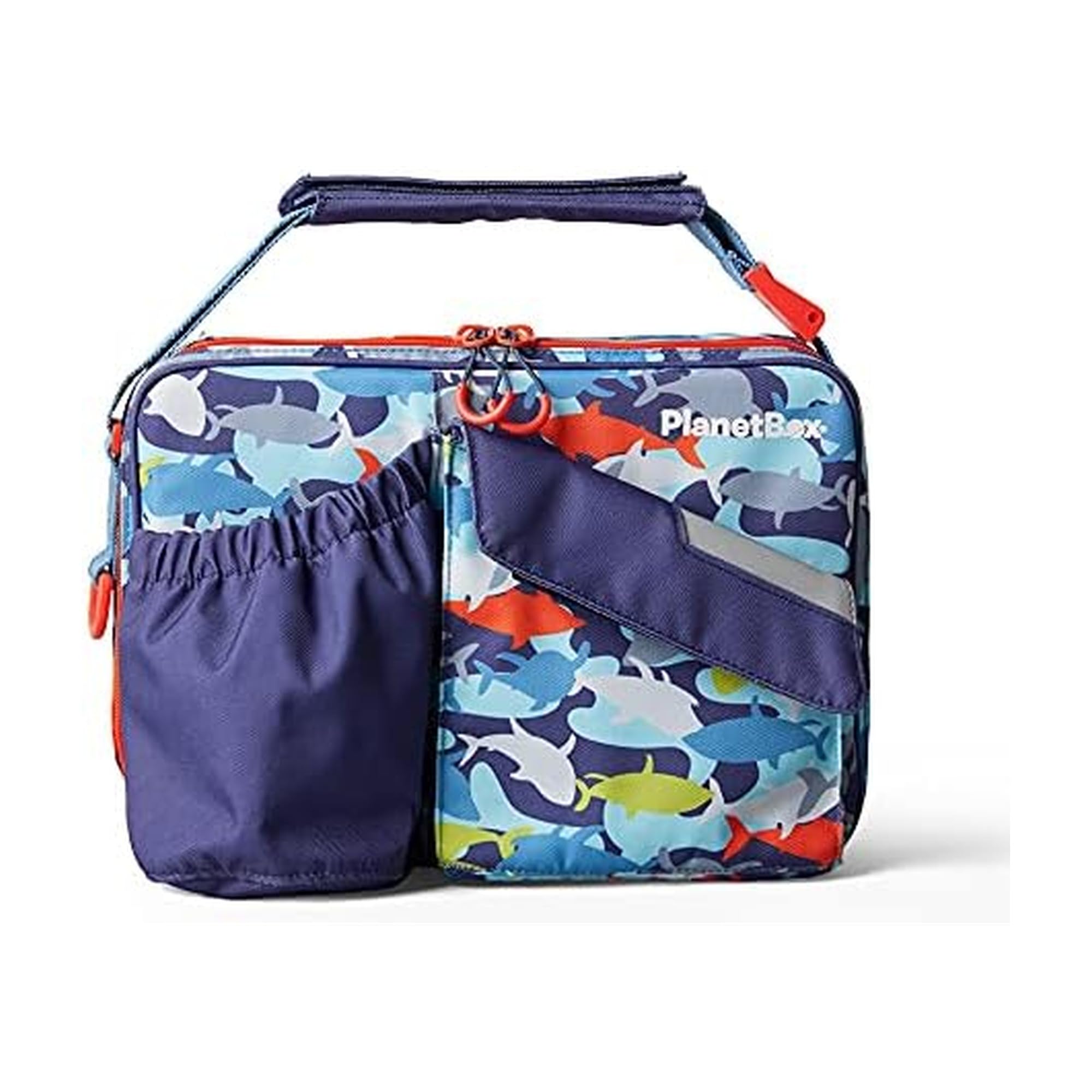 PlanetBox Insulated Lunch Bag Easy to clean and Durable Carry Bag with Pockets for Snacks and Drinks, and adjustable straps Camo Sharks