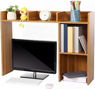 Briwooody Dorm Desk Bookshelf Desk Hutch Organizer with 5 Shelves and 3 Tier Desktop Hutch Storage Organizer for College Dorm Home Office Supply, 32.5 x 23.5 x 8 Inch (Wood)
