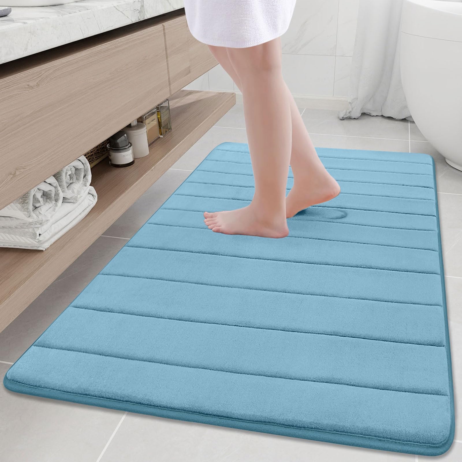 Buganda Memory Foam Bath Mat, 2'8" x 3'11"(32" x 47"), Ultra Soft and Non-Slip Bathroom Rugs, Water Absorbent and Machine Washable Bath Rug Runner for Bathroom, Shower, and Tub, Blue