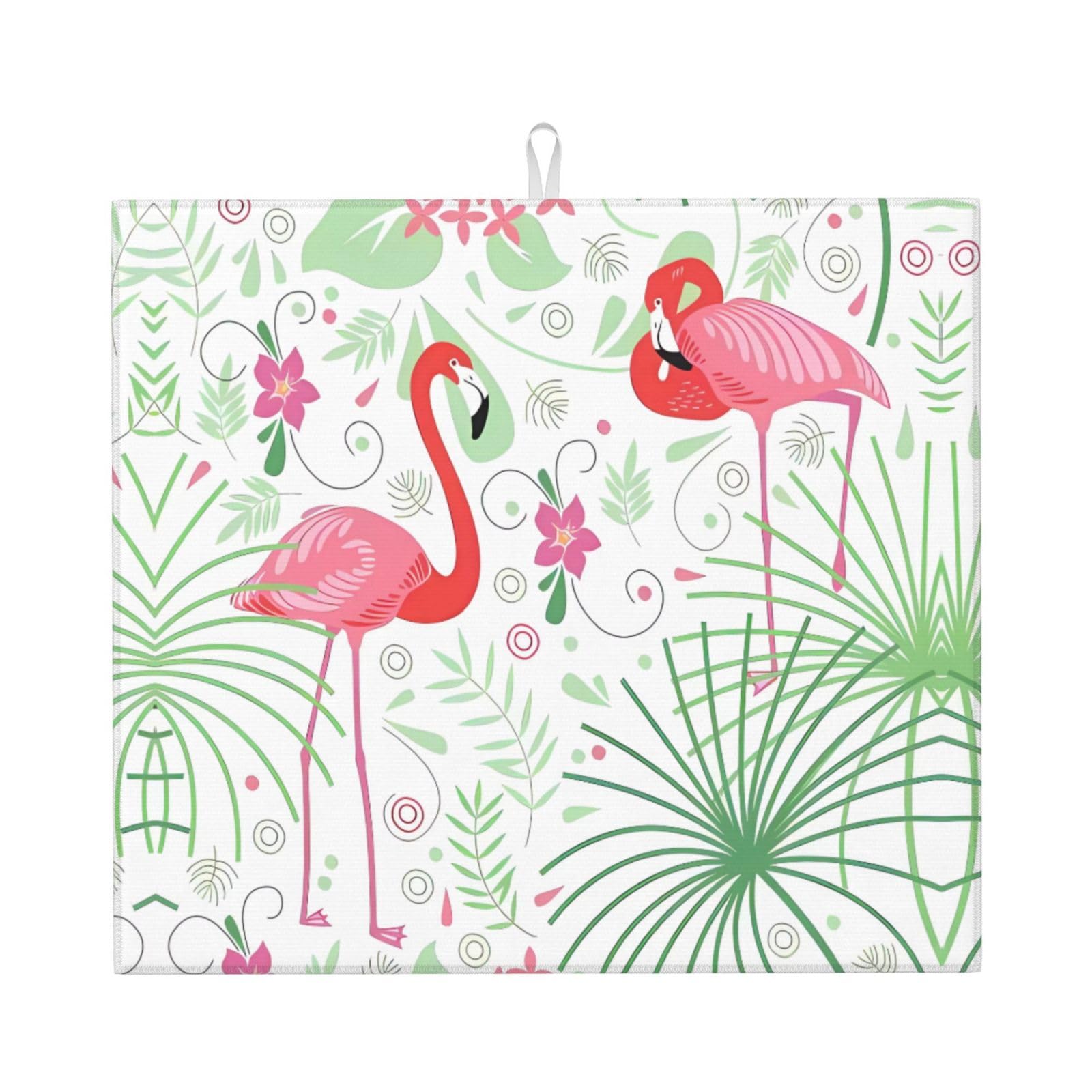 YYHWHJDE Floral Flamingo Botany Prints Kitchen Drying Mat - Absorbent Dish Drying Throw with Vibrant Prints, Quick-Dry Countertop Layer for Dishes & Appliances - Non-Slip & Foldable