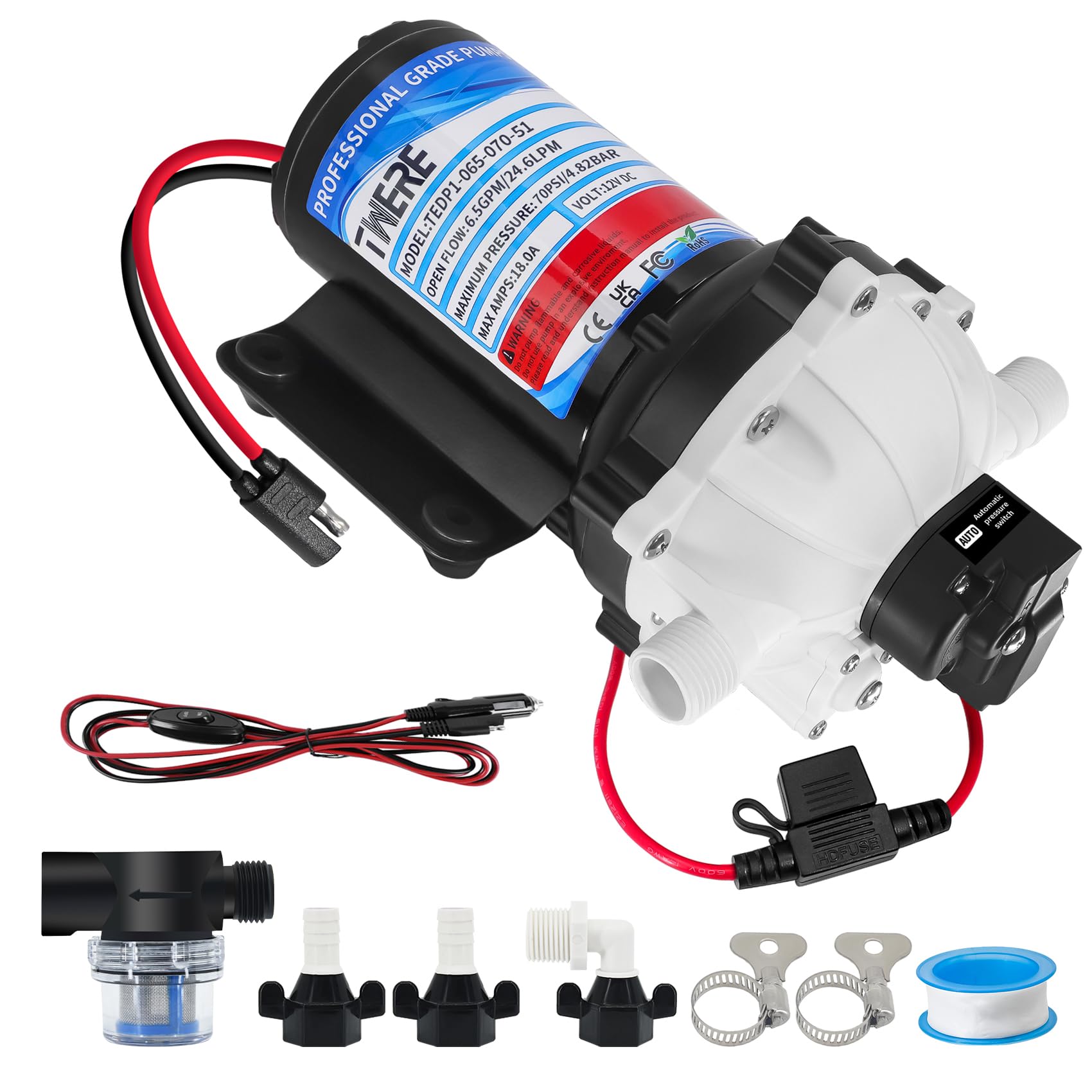 EF5500-BOX 12V Pump,6.5GPM,70Psi Diaphragm Water Pump,Self Priming Up to 10 Feet,Ideal for RV,Marine,Yacht Sprayer and Pressure Washing-1/2 MNPT Connection