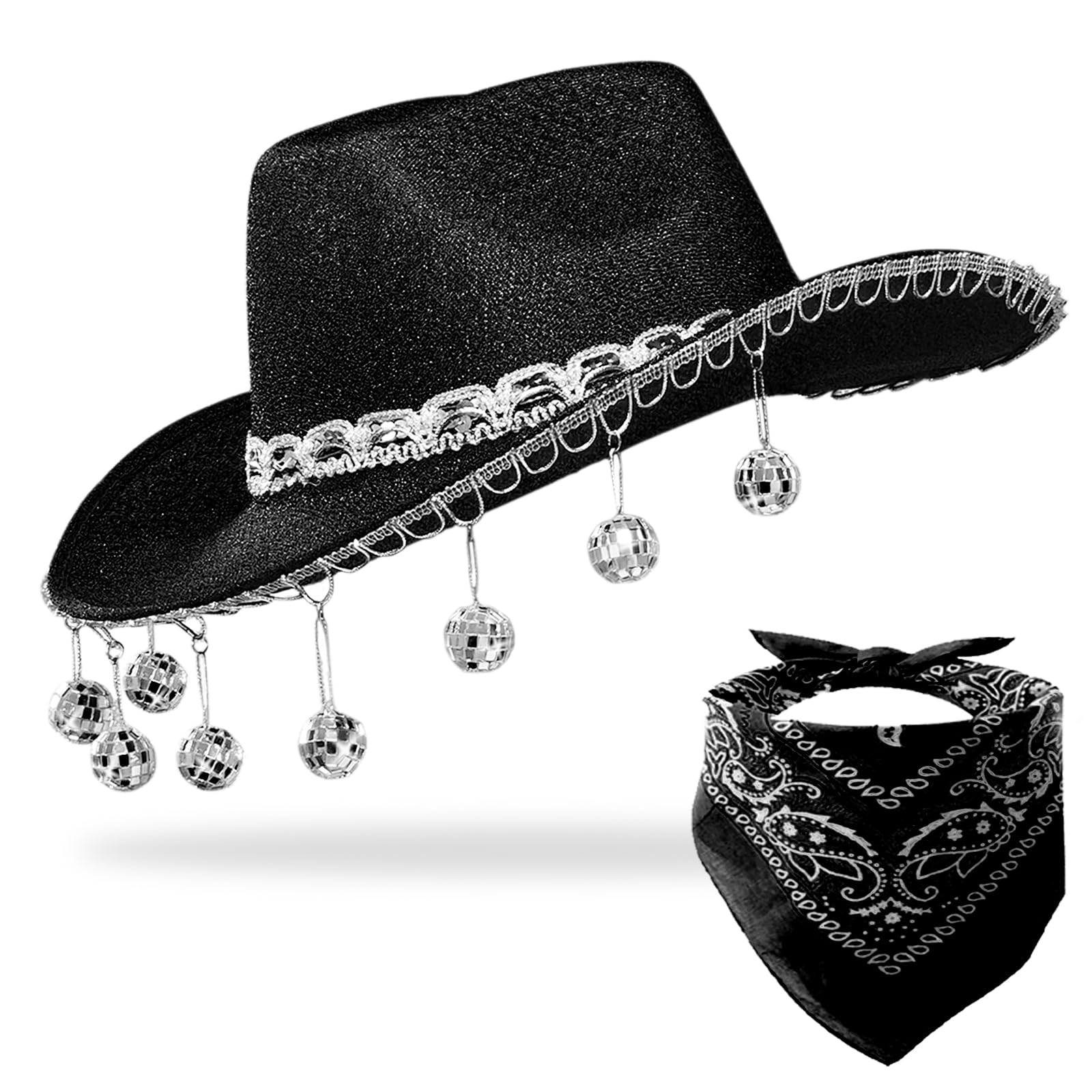 JIANGLAI Pink Disco Cowgirl Hat with Bandana,Glitter Rhinestone Disco Ball Cowboy Hat for Women Men Costume Cosplay