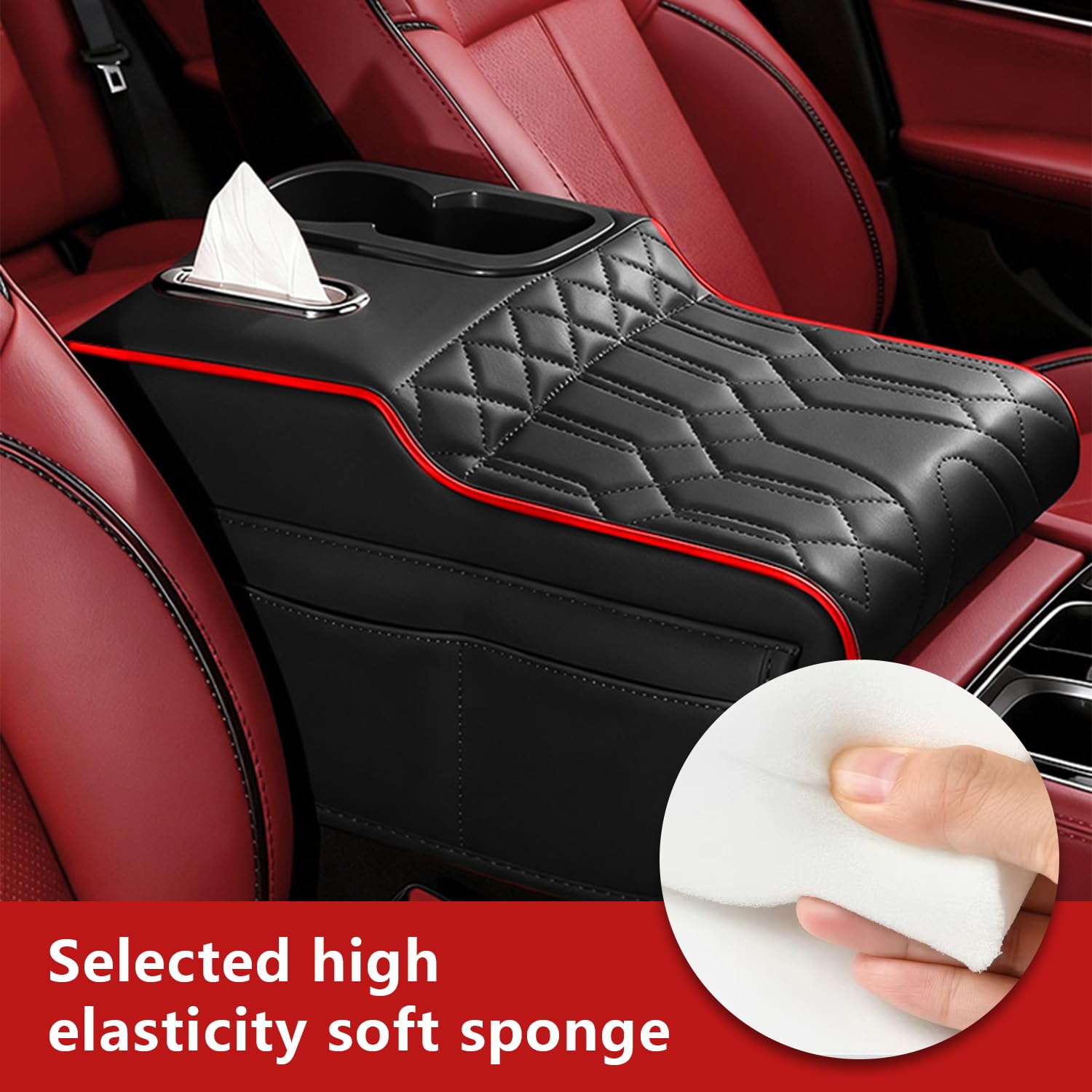 Copertura per console centrale dell'auto, in pelle PU, con imbottitura in spugna ad alta elasticità con portabicchieri, 2 sacchetti per fazzoletti (caffè-B)