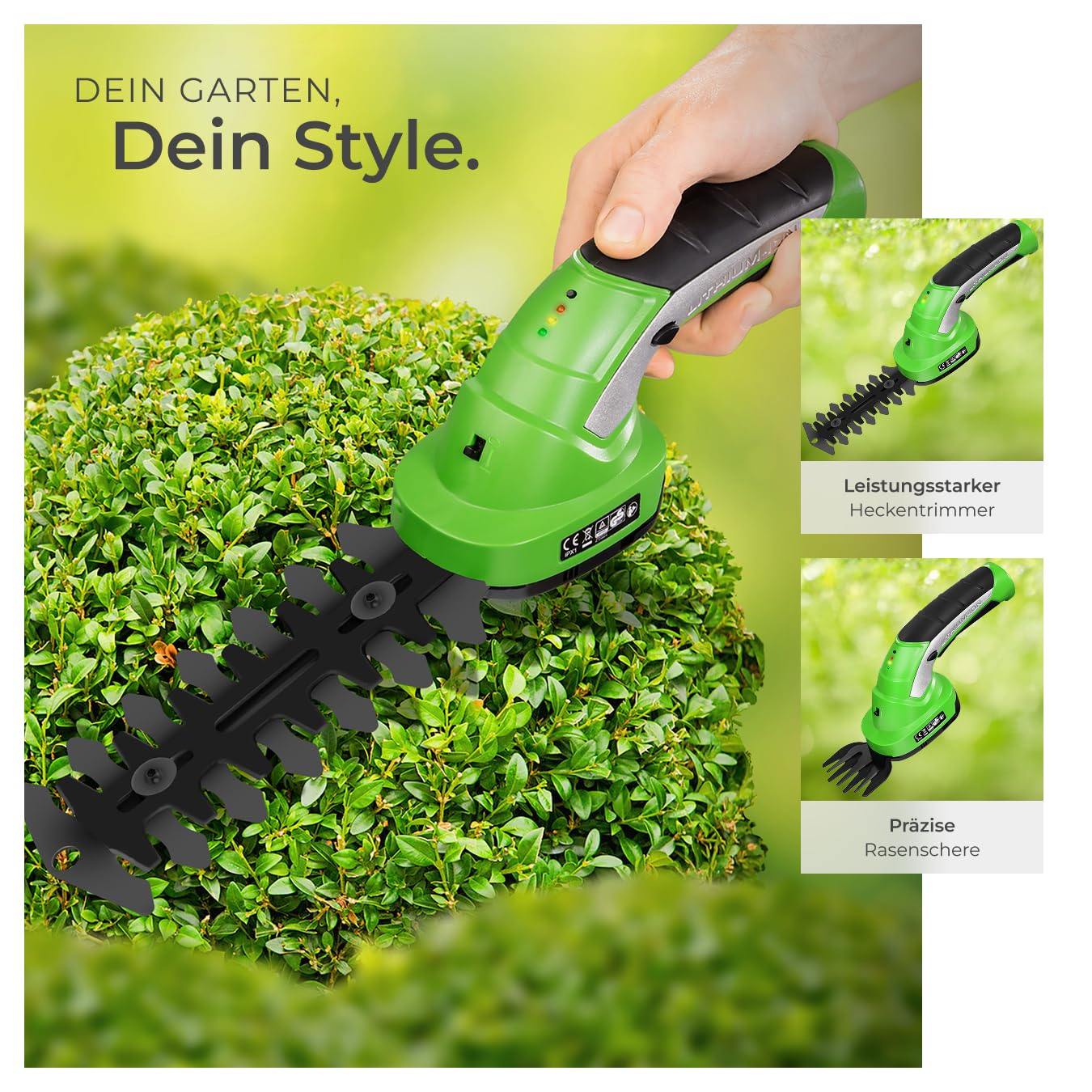 tectake® Akku Heckenschere elektrisch, Strauchschere 7.2V, Grasschere mit 2 Aufsätzen, Rasentrimmer mit Teleskop Stange, Rasenkantenschneider, elektrische Gartenschere mit Messer Aufsatz, Trimmer