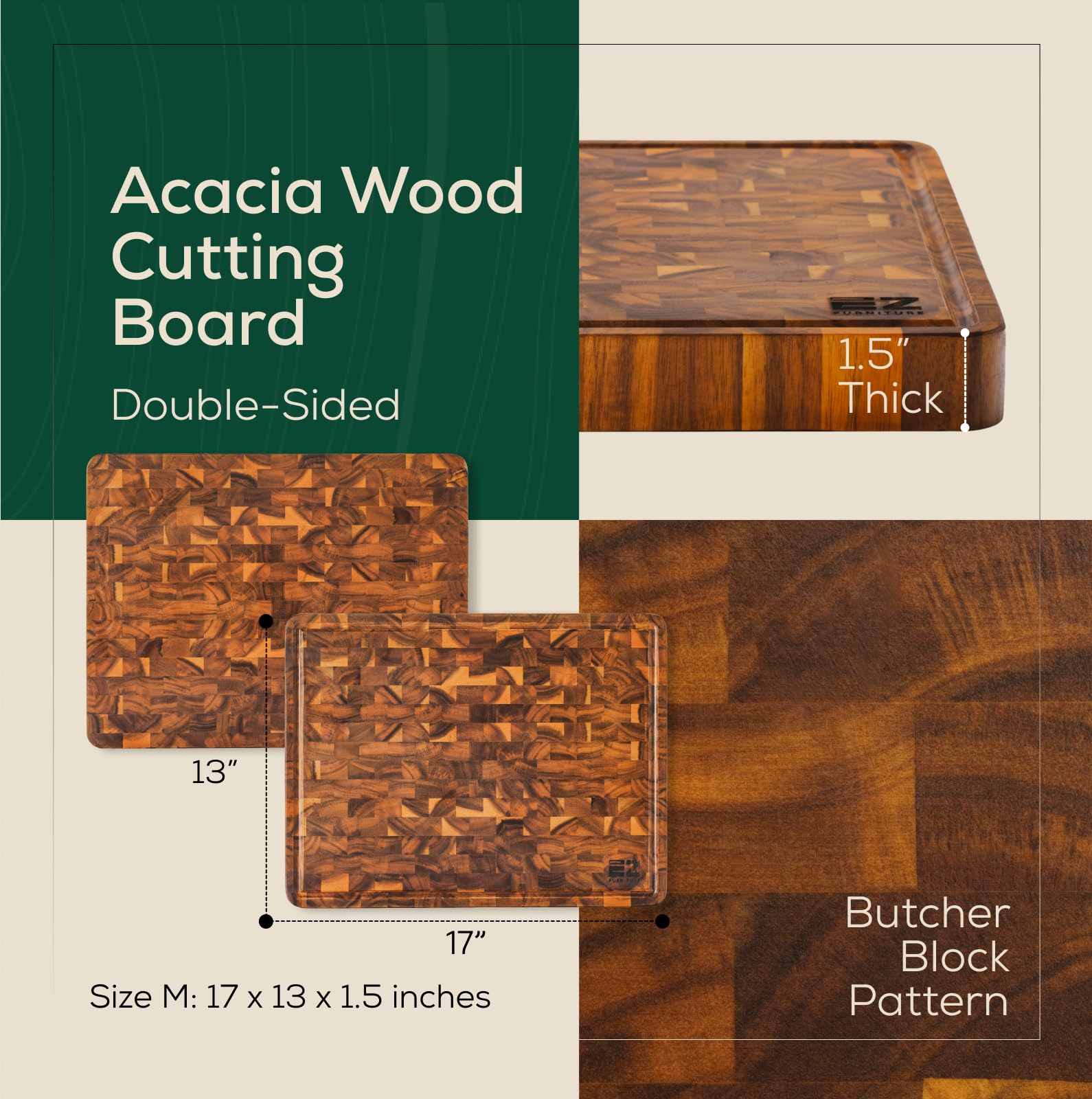 EZ FURNITURE 17 x 13 Inch Acacia Wood Cutting Board, End Grain with Juice Groove and Handles, Knife Friendly, Reversible, Suitable for Chopping Meat, Vegetables, Aesthetics for The Kitchen