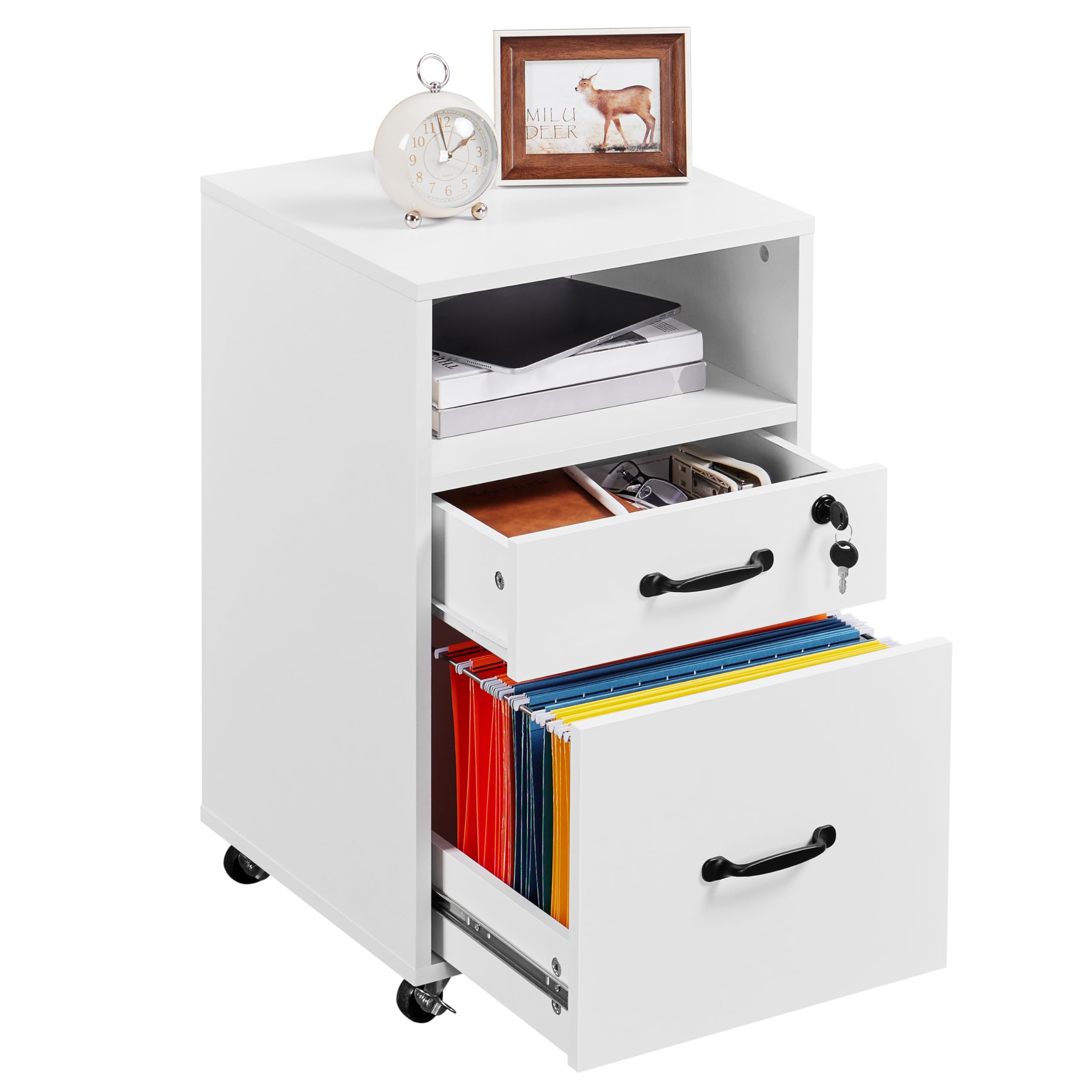 Yaheetech Armadietto da Ufficio e Studio Schedario da Archivio con 2 Cassetti e Ruote Mobile con Ripiano Aperto 40 x 40 x 65,5 cm Mobiletto Portadocumenti A4 Bianco