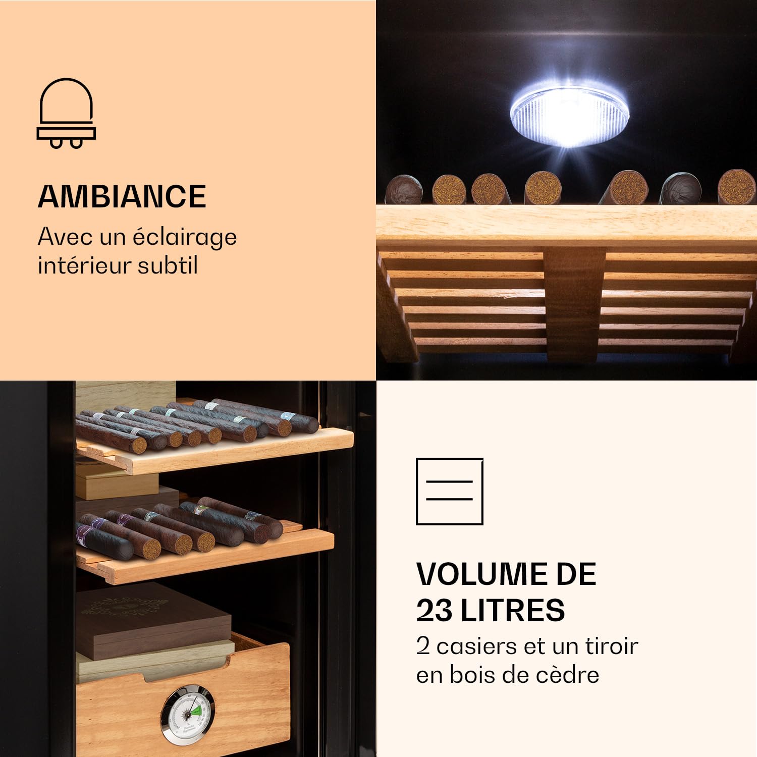KLARSTEIN El Presidente - Cave à cigares, thermoélectrique, Porte vitrée, sur Pied, tiroirs en Bois de cèdre, hygromètre, éclairage intérieur LED, 23 litres - Argent [Classe énergétique G]