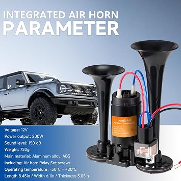 Electric Air Horn for Truck 150dB Super Loud Black Horns Dual Trumpet with Compressor for Any 12V Vehicles Trucks Motorcycle Pickup Trains Cars Boats (Black integrated Air Horn)