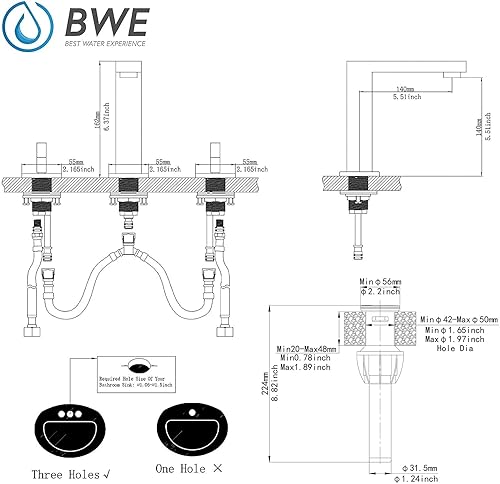 Miniatura 7 de BWE Grifo de lavabo de baño de 3 agujeros, de dos manijas, de 8 pulgadas, de oro cepillado, con drenaje desplegable y manguera de suministro, 3