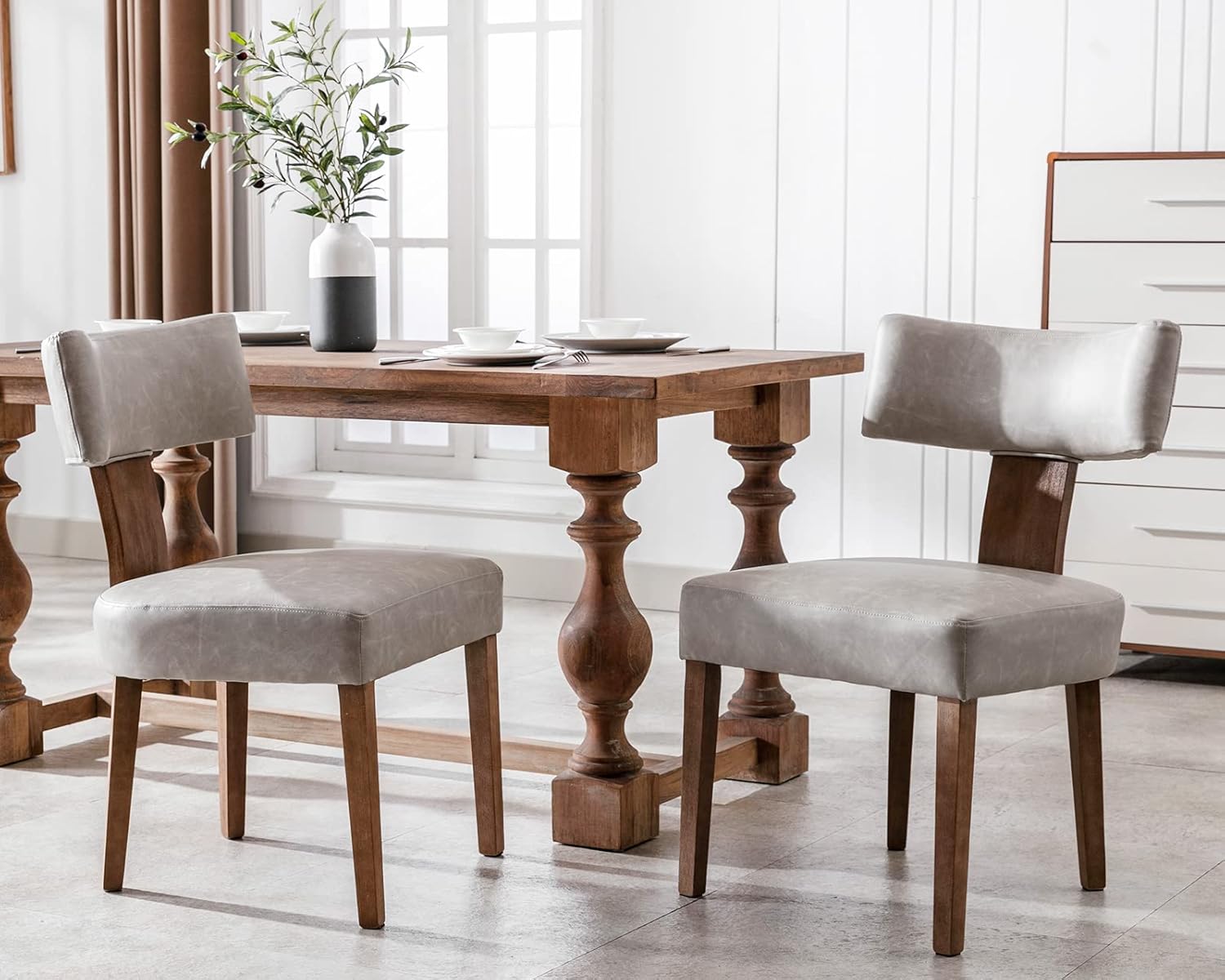 Gray Faux Leather Upholstered Dining Chairs with Wood Legs, Set of 2