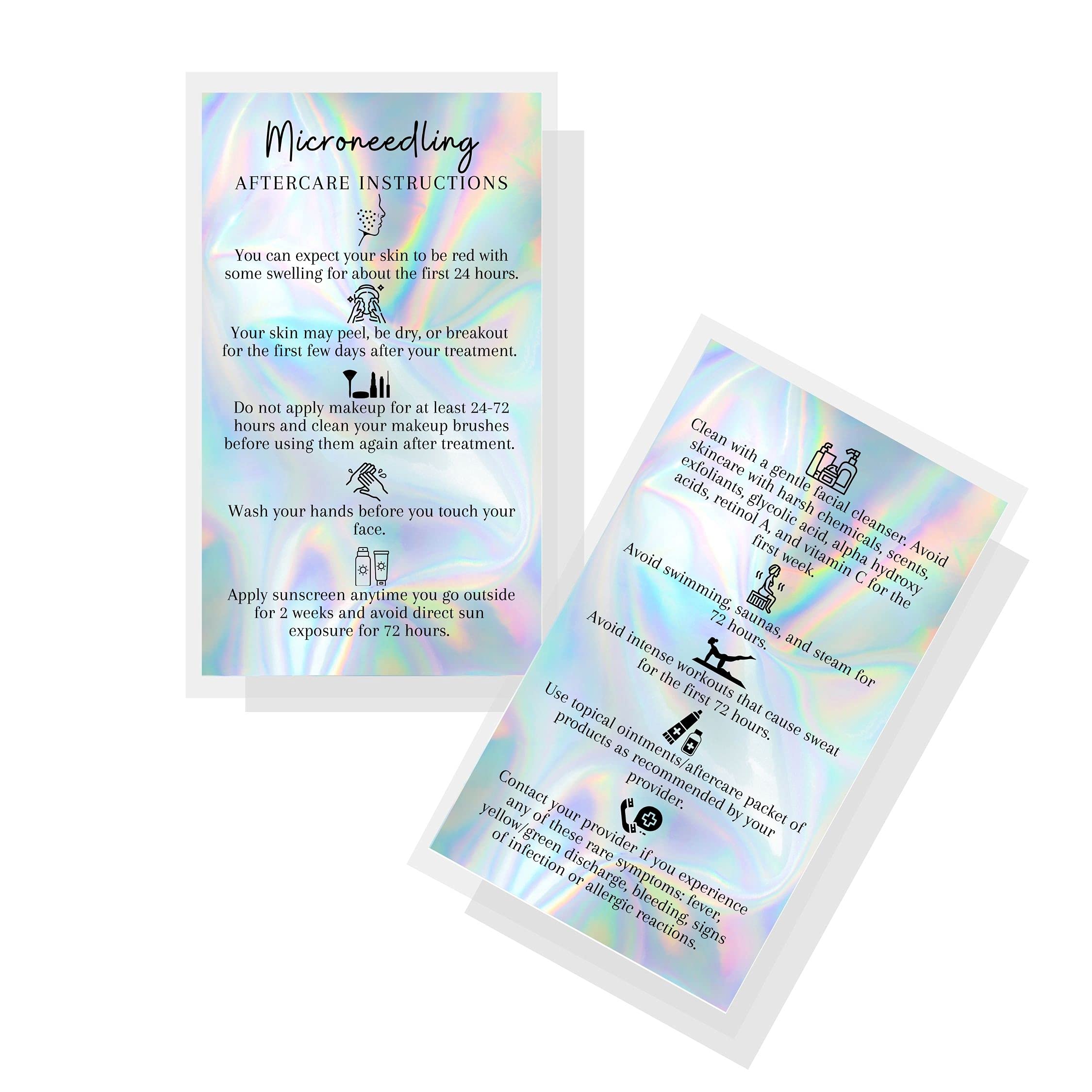 Boutique Marketing LLC Microneedling Aftercare Cards | 50 Pack | Size 2x3.5 inches Business Card Size | Microneedle Non-Reflective Matte Holographic Look Design, rainbow, blue, black