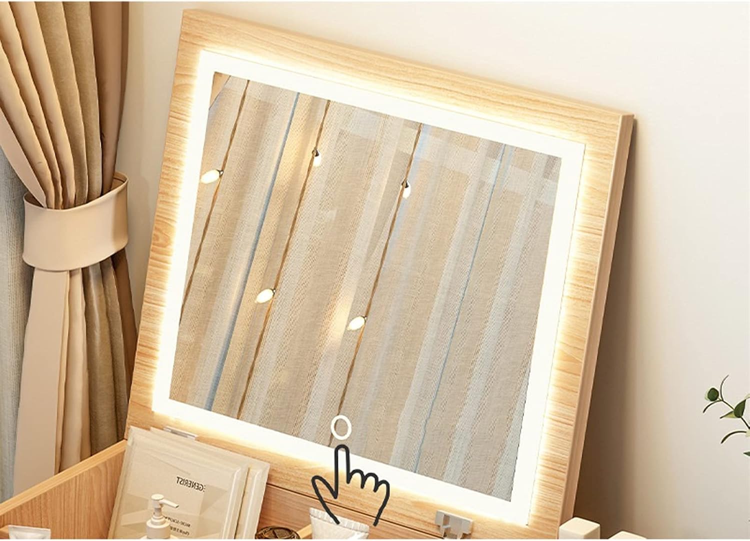 Dresser Mini Wooden Dressing Table with Flip LED Mirror Compartmental Storage Compartment Low Table Coffee Table Side Table 60×40×38 cm Dresser for Bedroom