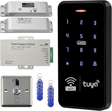 Wifi Tuya Waterproof Access Control System Kit+RFID Keyboard +Power Supply+Door Switch Button+Electric Bolt Lock+ 10pcs 13.56MHz ID Keyfobs
