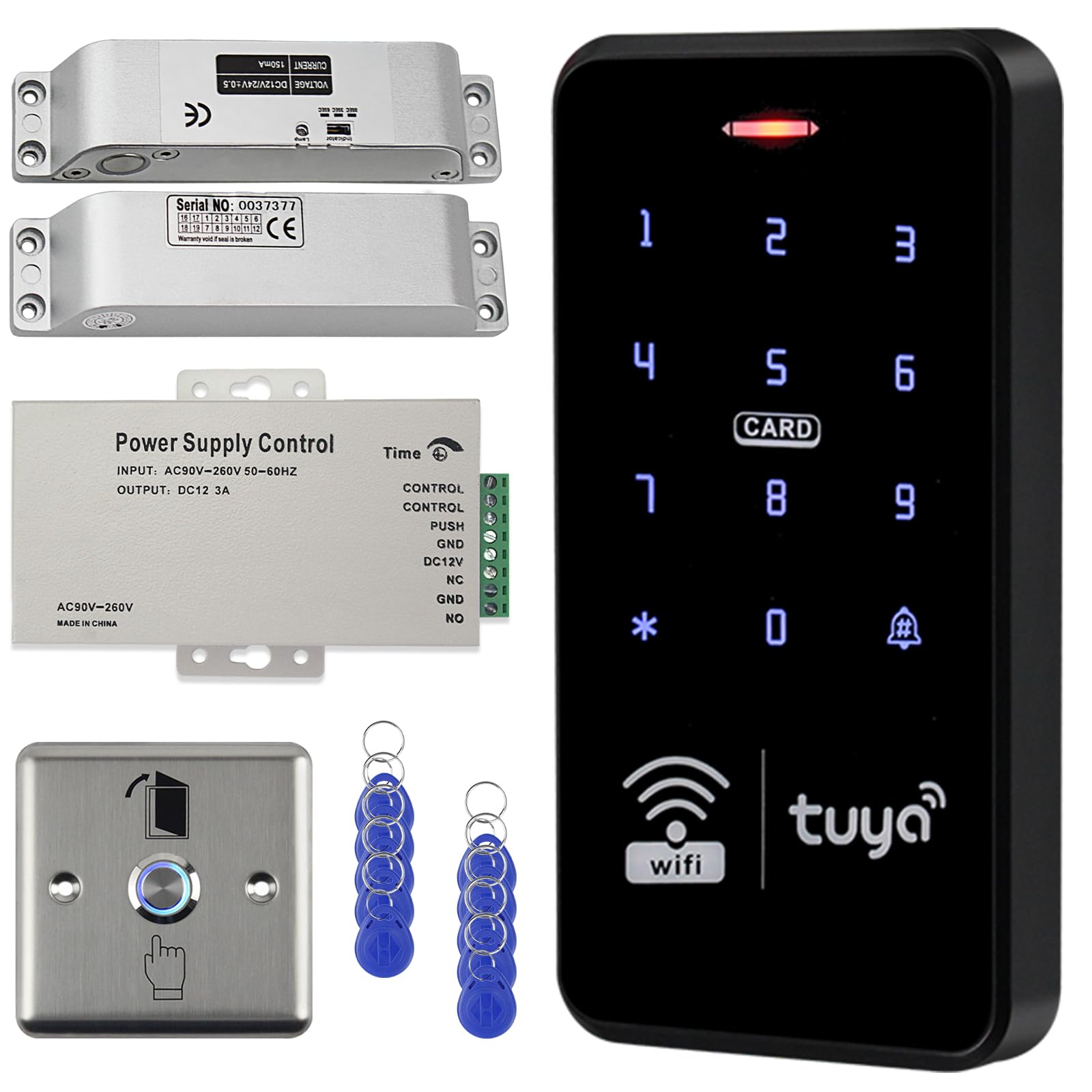 Kit sistema di controllo accessi, tastiera RFID impermeabile IP68, serratura elettrica a catenaccio da 150/150 kg, 10 portachiavi