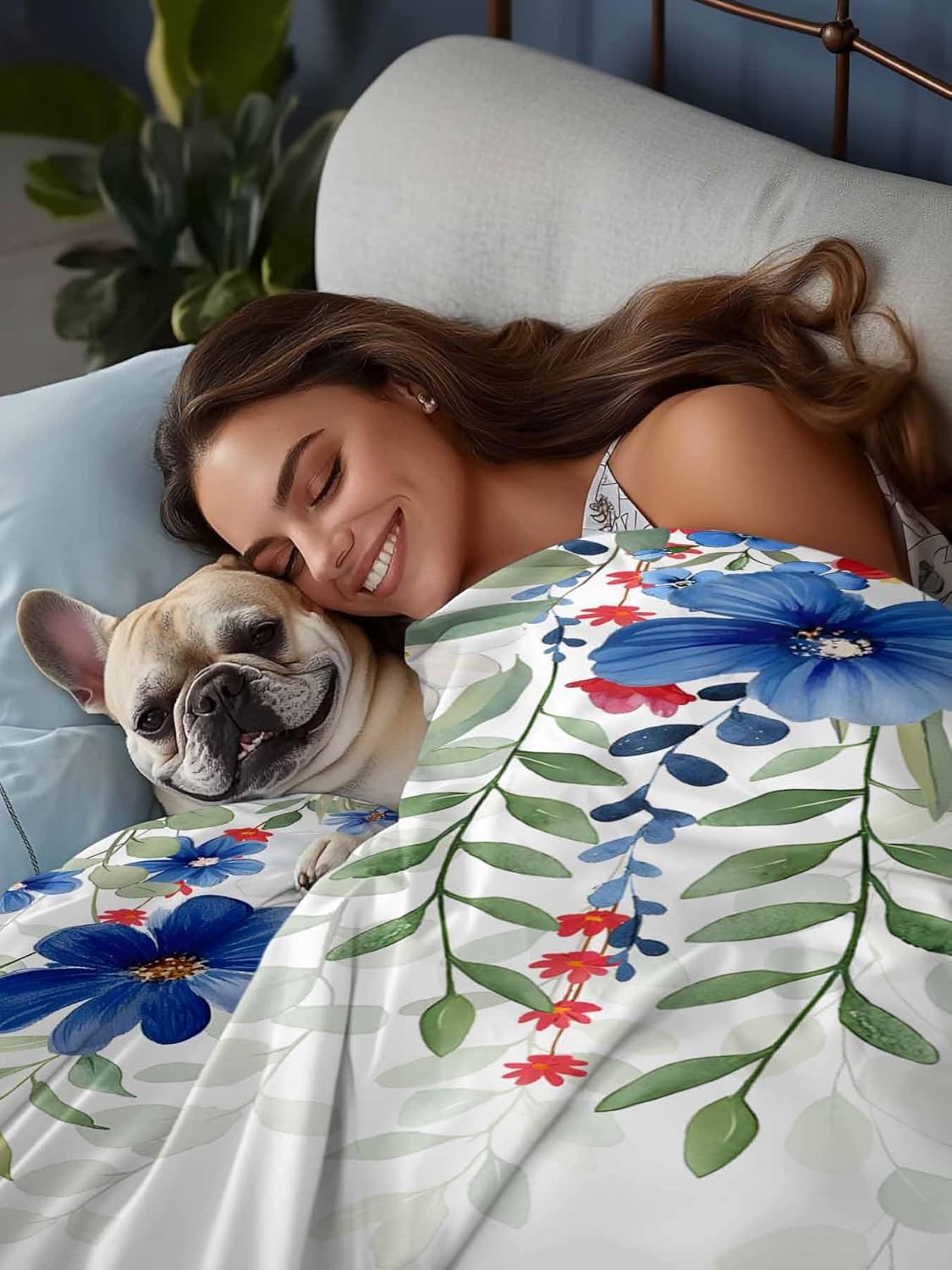 Top Sheet Full Bedding Flat Sheet Only, Independence Day Blue Red Flower Microfiber Bed Sheets Soft Breathable Bedding Flat Sheets, Watercolor Floral Leaf Hotel Luxury Top Sheets