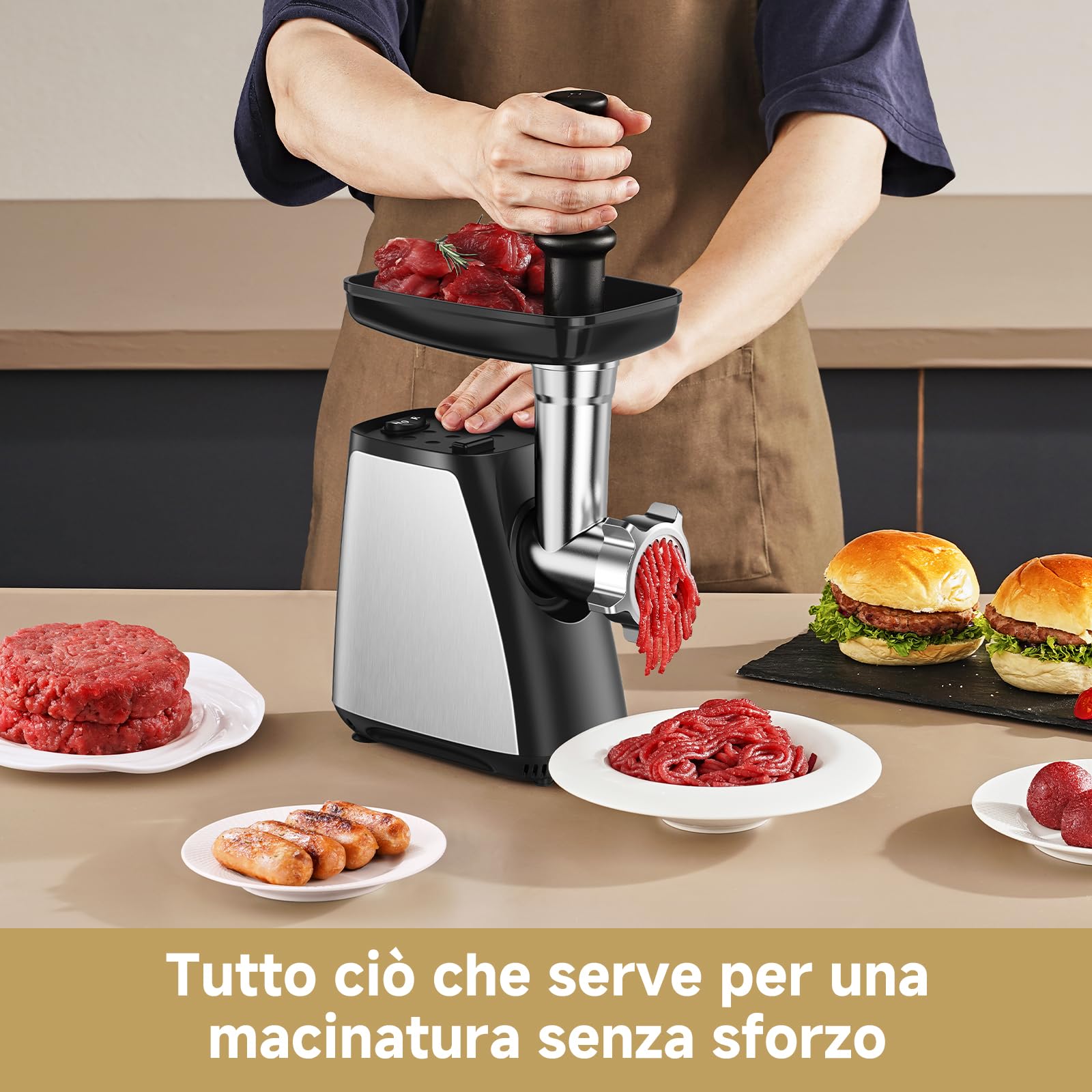 Tritacarne AAOBOSI, Tritacarne Elettrico 3-IN-1[2800W Max]con 2 Lame, 3 Piatti, Insaccatrice per Salsicce, Kit Kubbe, per Uso Domestico in Cucina, Acciaio Inossidabile