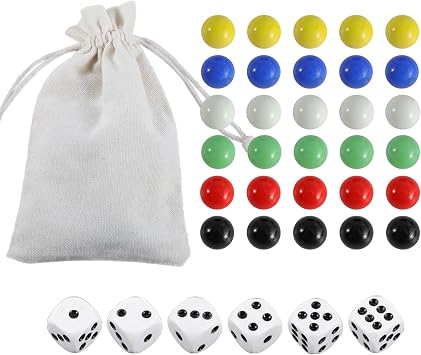 30 PCS Glass Marbles 6 Colors for Wahoo Marble Games and 6 Dices 0.63inches