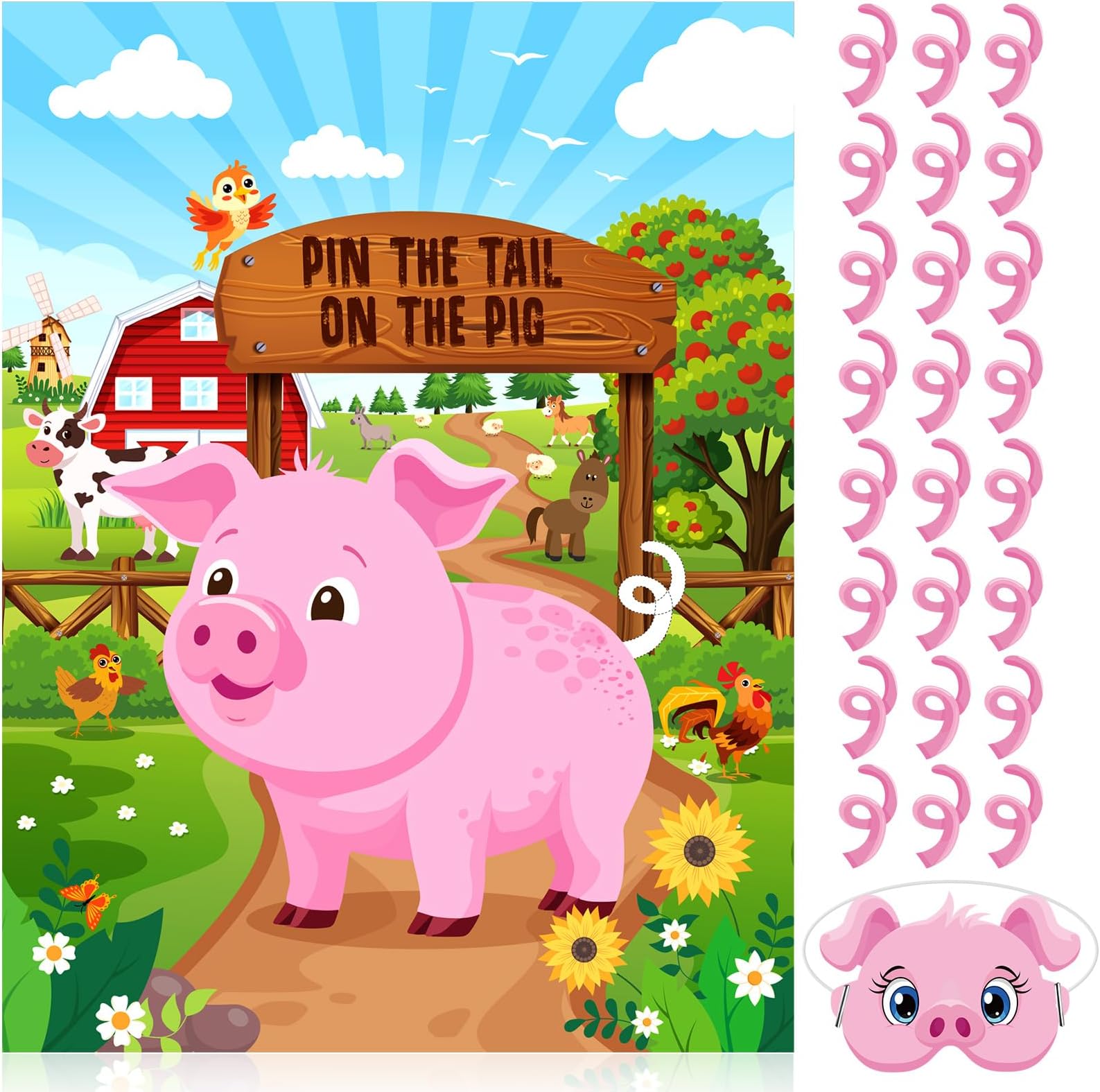 Faccito Farm Animal Games Pin The Tail on The Animals Barnyard Birthday Party Decorations Farm Poster Games with 24 Stickers 2 Eye Masks for Family Activities Birthday Party Decor Supplies(Pig)