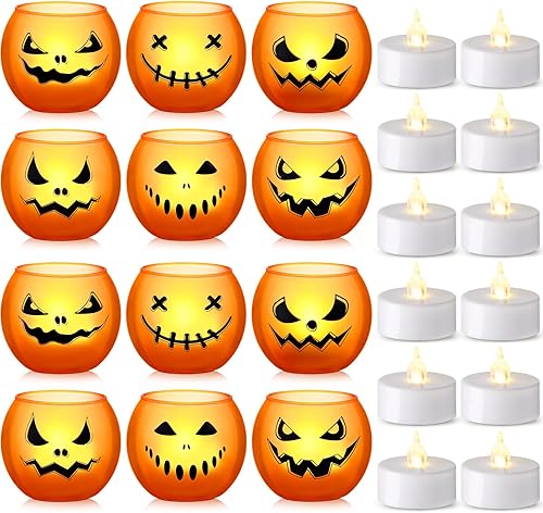 Miniatura 1 de Juego de 24 portavelas de Halloween, 12 soportes votivos de cristal de mueca de calabaza naranja con 12 velas sin llama que funcionan con pilas para
