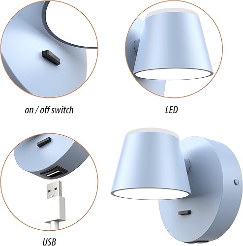 Miniatura 3 de URSOLA Juego de dos lámparas de pared, apliques de pared LED con interruptor de encendidoapagado, puerto de carga USB, 110 voltios, lámpara de pared