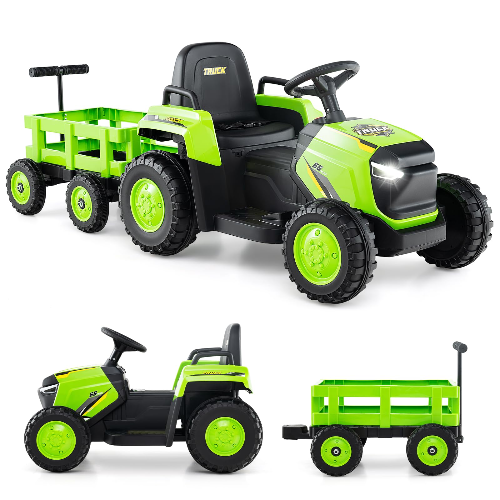 GOPLUS Tracteur Électrique Enfants 12V avec Remorque Détachable, Voiture Électrique Enfants Télécommandé avec Démarrage Arrêt Progressif, Lumières LED et Klaxon,Charge 30KG pour 3-8 Ans (Vert)