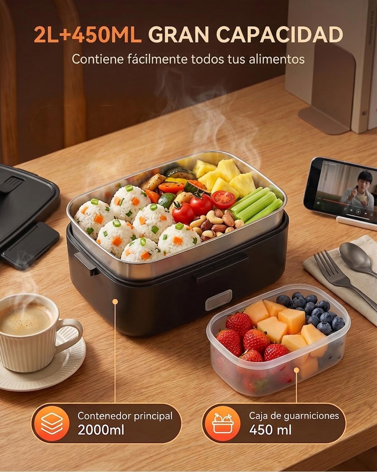 Fiambrera Eléctrica de 2 Litros, Compatible con 12V/24V/220V, Bandeja Extraíble de Acero Inoxidable, Incluye Recipiente para Frutas, Cubiertos y Esponja – Ideal para Coche, Camión, Oficina y Viajes
