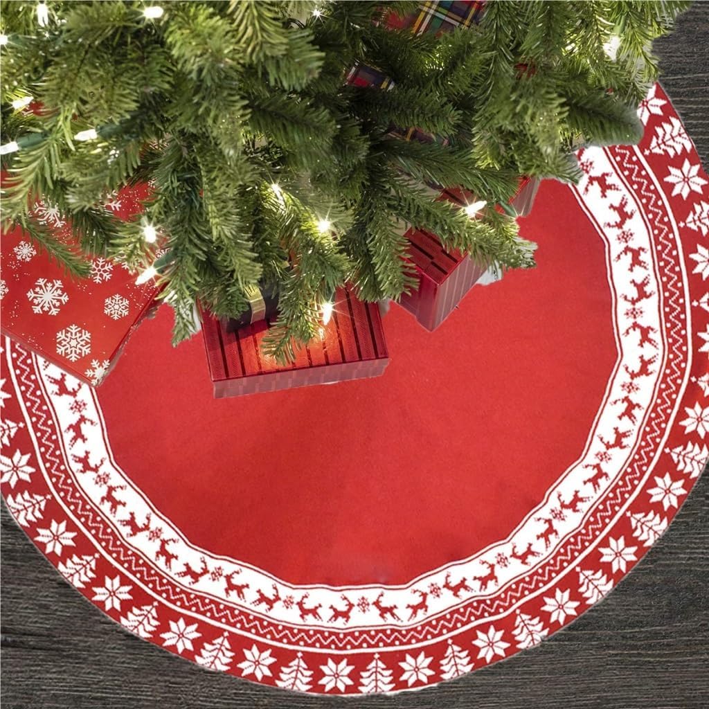 Tree Skirt Christmas Christmas Tree Skirt Knitted Red and White Snowflake Deer Pattern Christmas Tree Apron Christmas Decorations Christmas Skirt Tree(G)