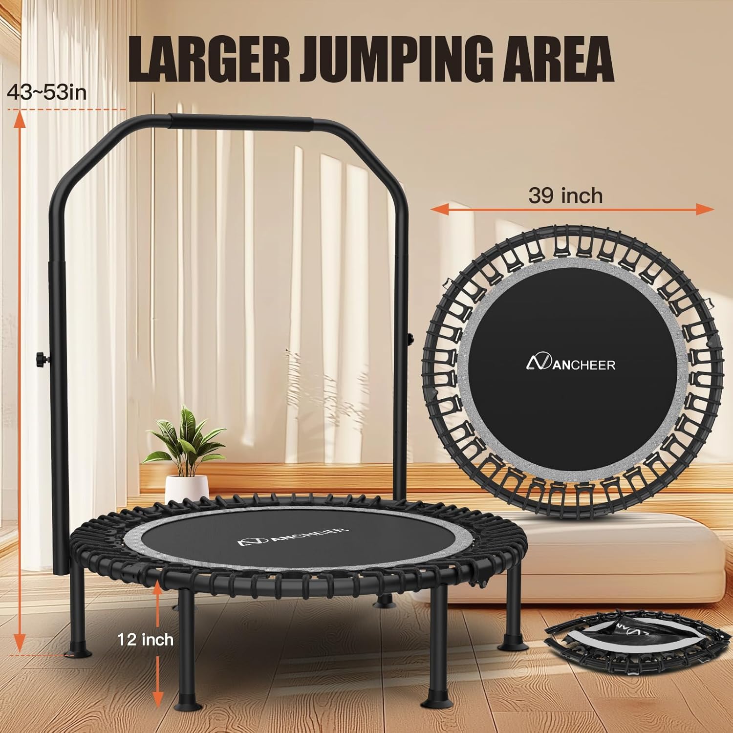 Bungee Rebounder Trampoline, ANCHEER 40" Foldable Fitness Trampoline with Resistance Ropes&Upgraded Bungees, 4 Level Adjustable Handlebar, 450LBS Capacity, Safe for Home/Cardio,Indoor/Outdoor
